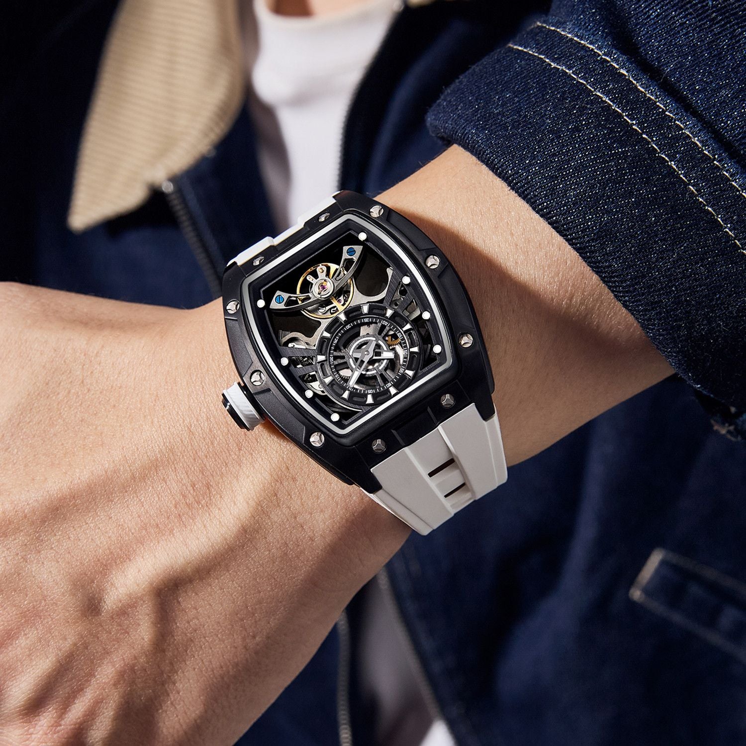 New Fashion Automatic Mechanical Watches for Men Waterproof Skeleton Dial Stainless Steel Case Male Wristwatch Clock 9198-6-5