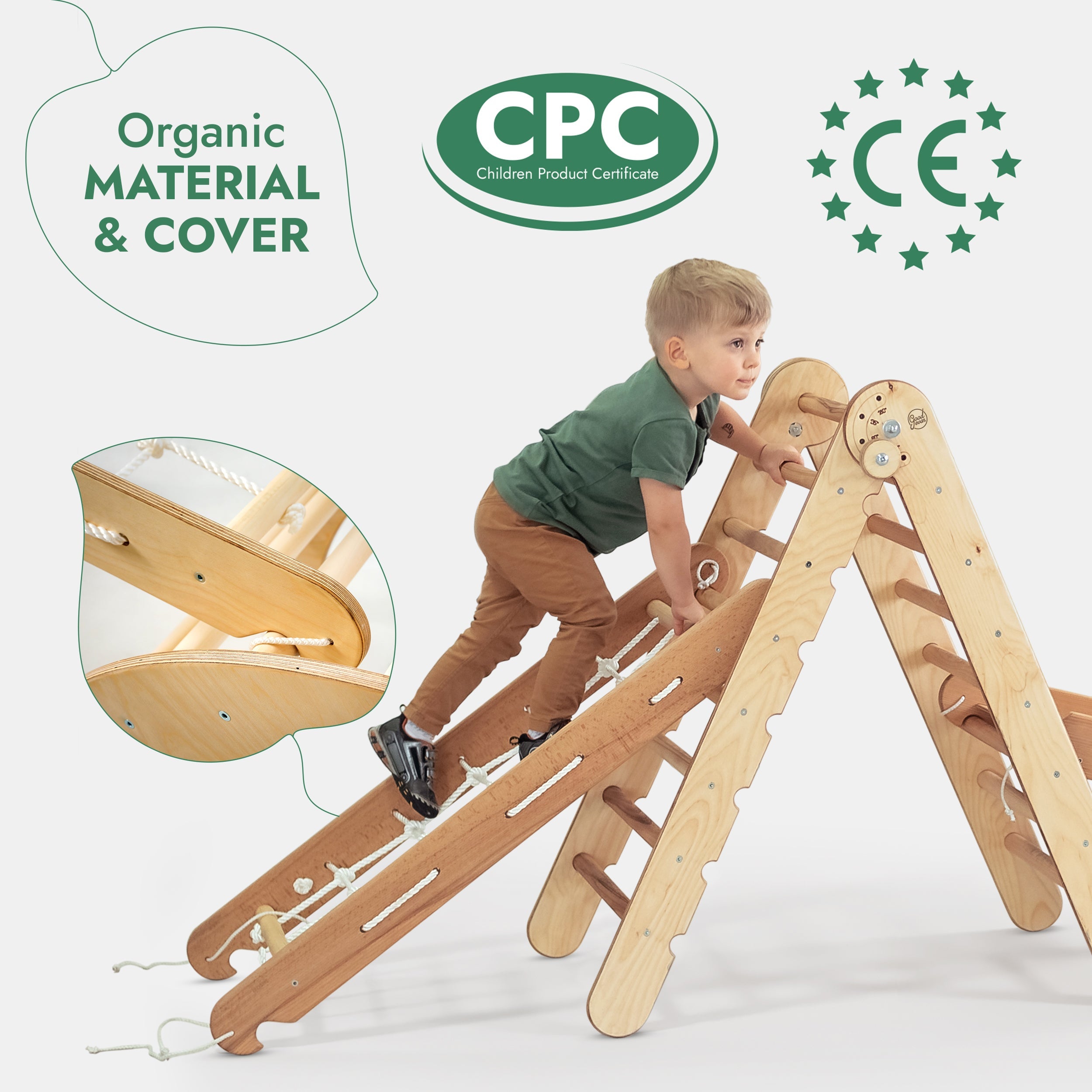 4in1 Montessori Climbing Frame: Pikler Triangle + Climbing Arch + Slide Board + Net – Beige-2