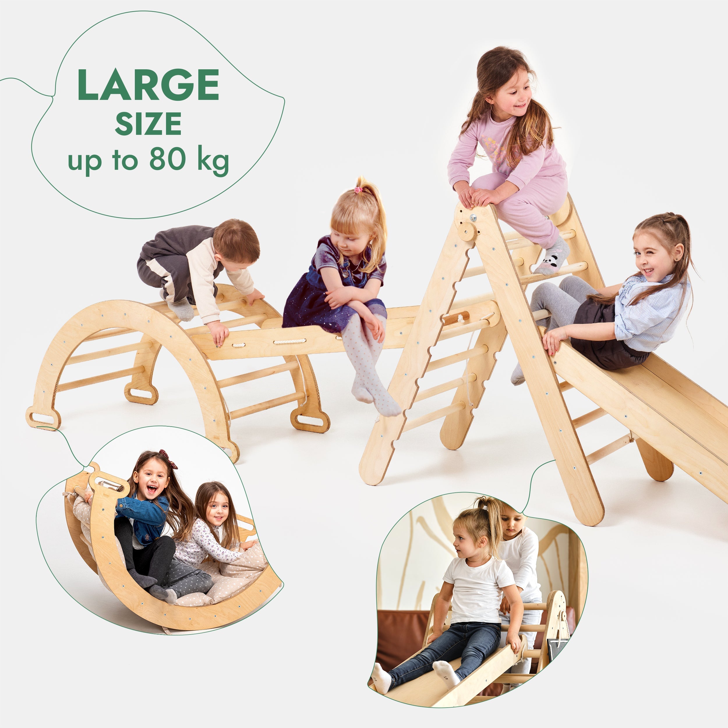 4in1 Montessori Climbing Frame: Pikler Triangle + Climbing Arch + Slide Board + Net – Beige-4