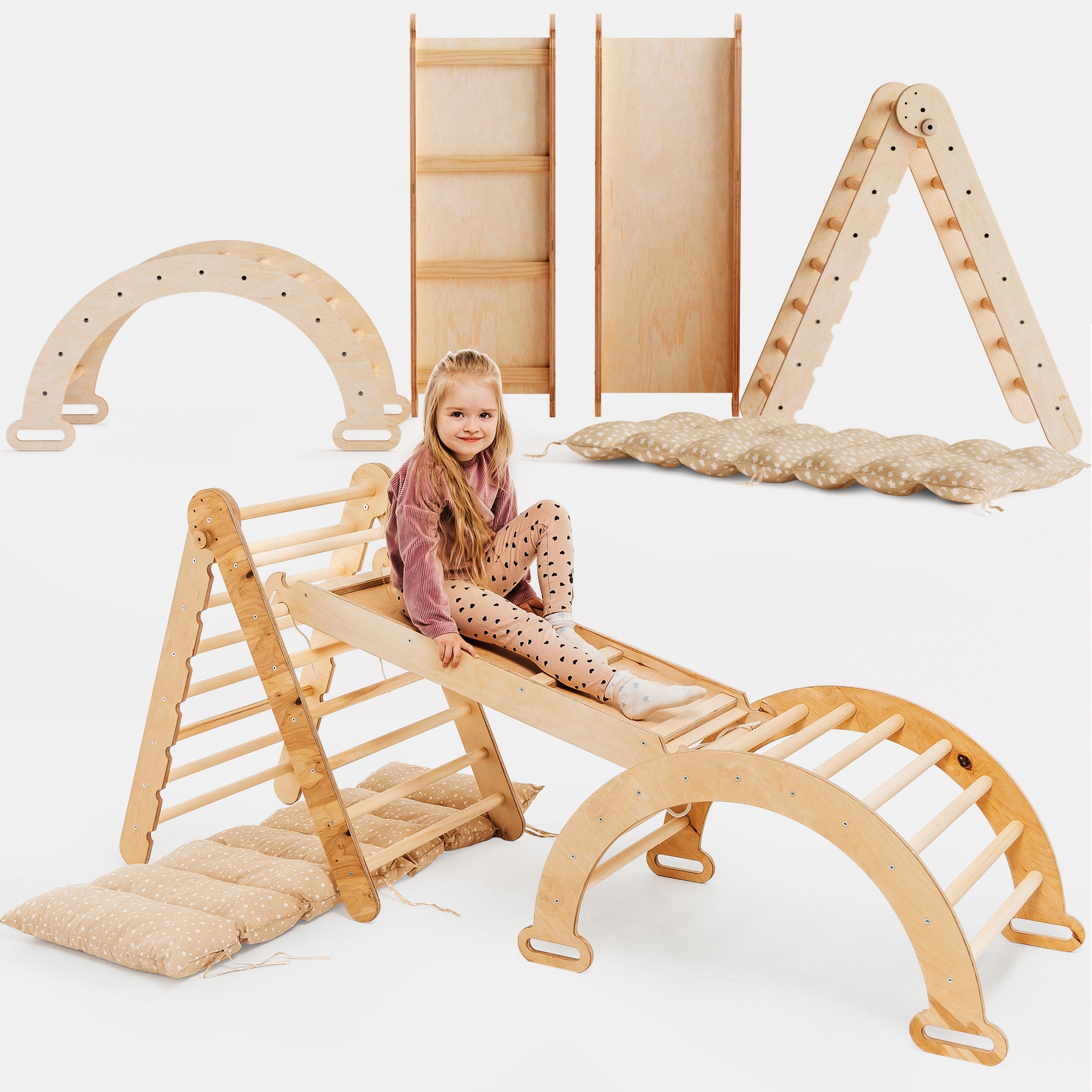 4in1 Montessori Climbing Frame Set: Triangle Ladder + Climbing Arch + Slide Board + Cushion Beige-0