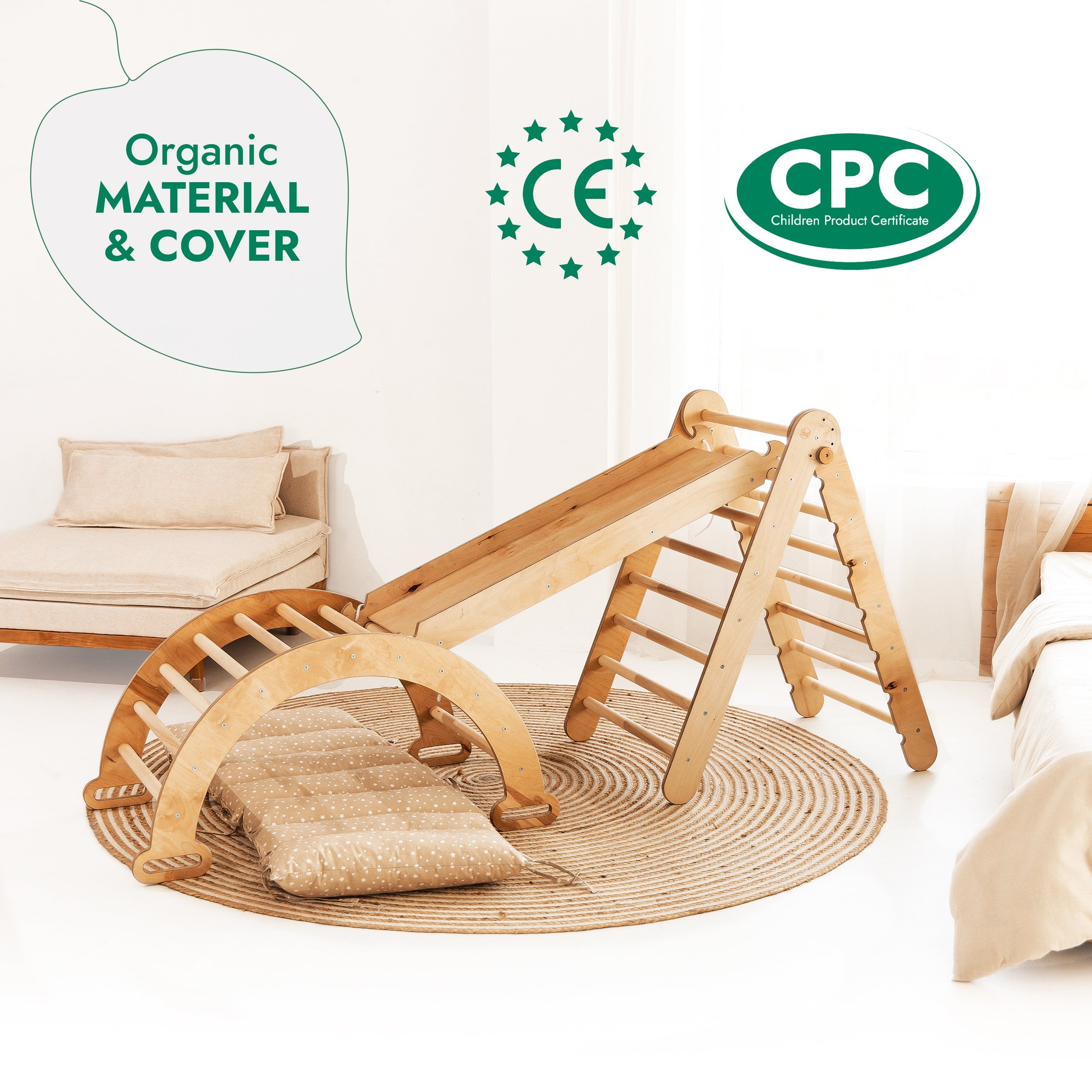 4in1 Montessori Climbing Frame Set: Triangle Ladder + Climbing Arch + Slide Board + Cushion Beige-4