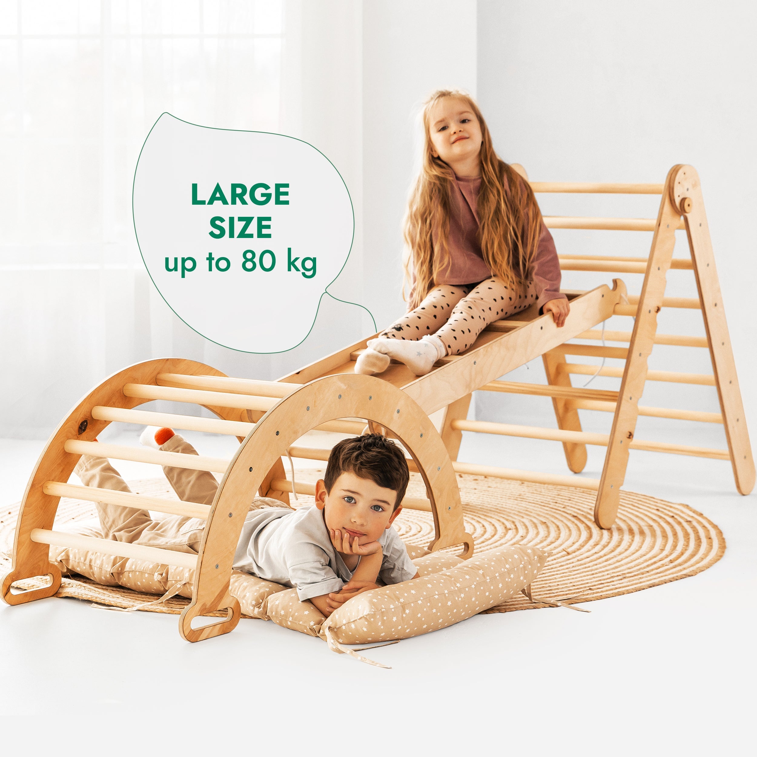 4in1 Montessori Climbing Frame Set: Triangle Ladder + Climbing Arch + Slide Board + Cushion Beige-3