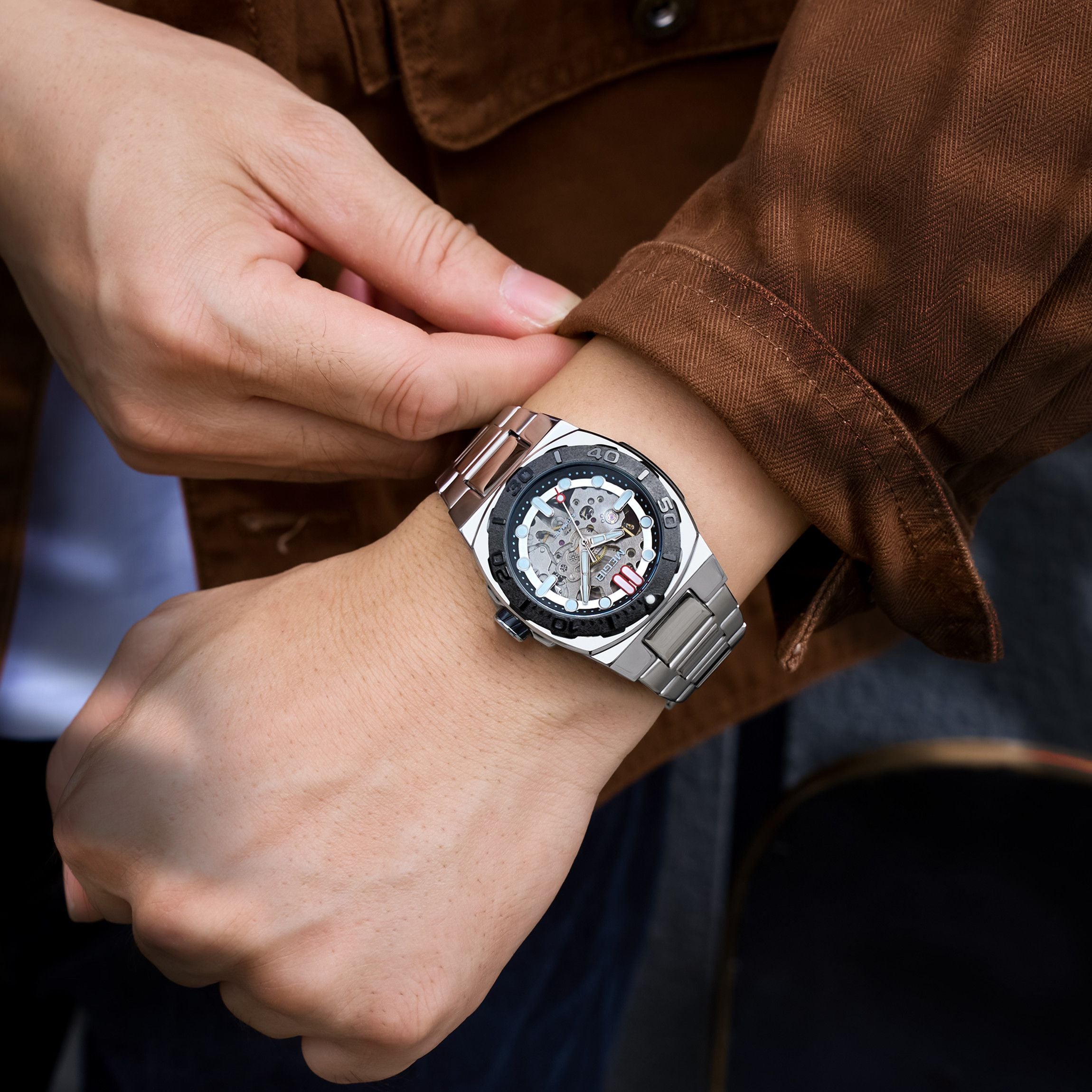 MEGIR Skeleton Dial Mechanical Watches for Men Luxury Business Wristwatch Stainless Steel Waterproof Automatic Watch Clock 8606-2