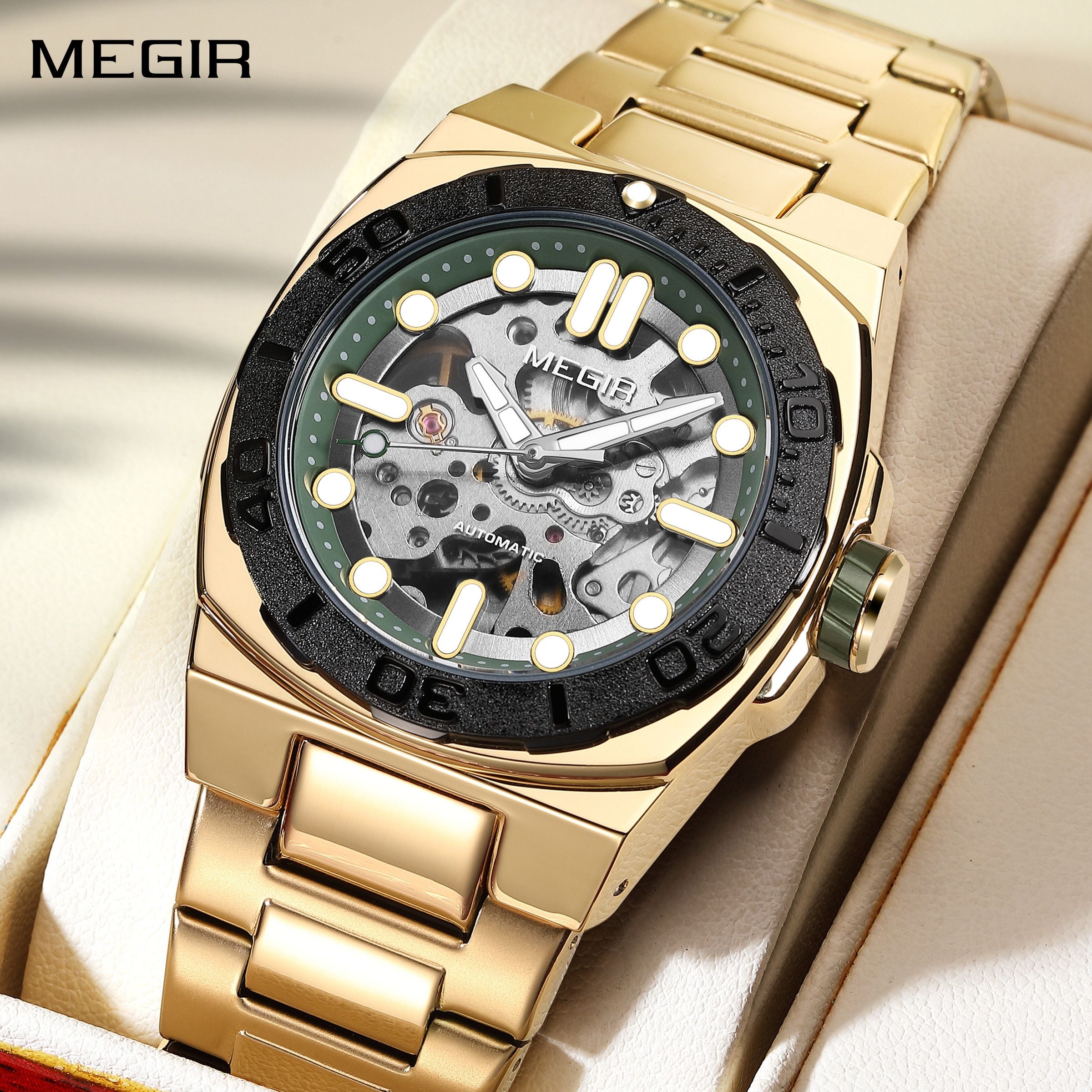 MEGIR Skeleton Dial Mechanical Watches for Men Luxury Business Wristwatch Stainless Steel Waterproof Automatic Watch Clock 8606-0