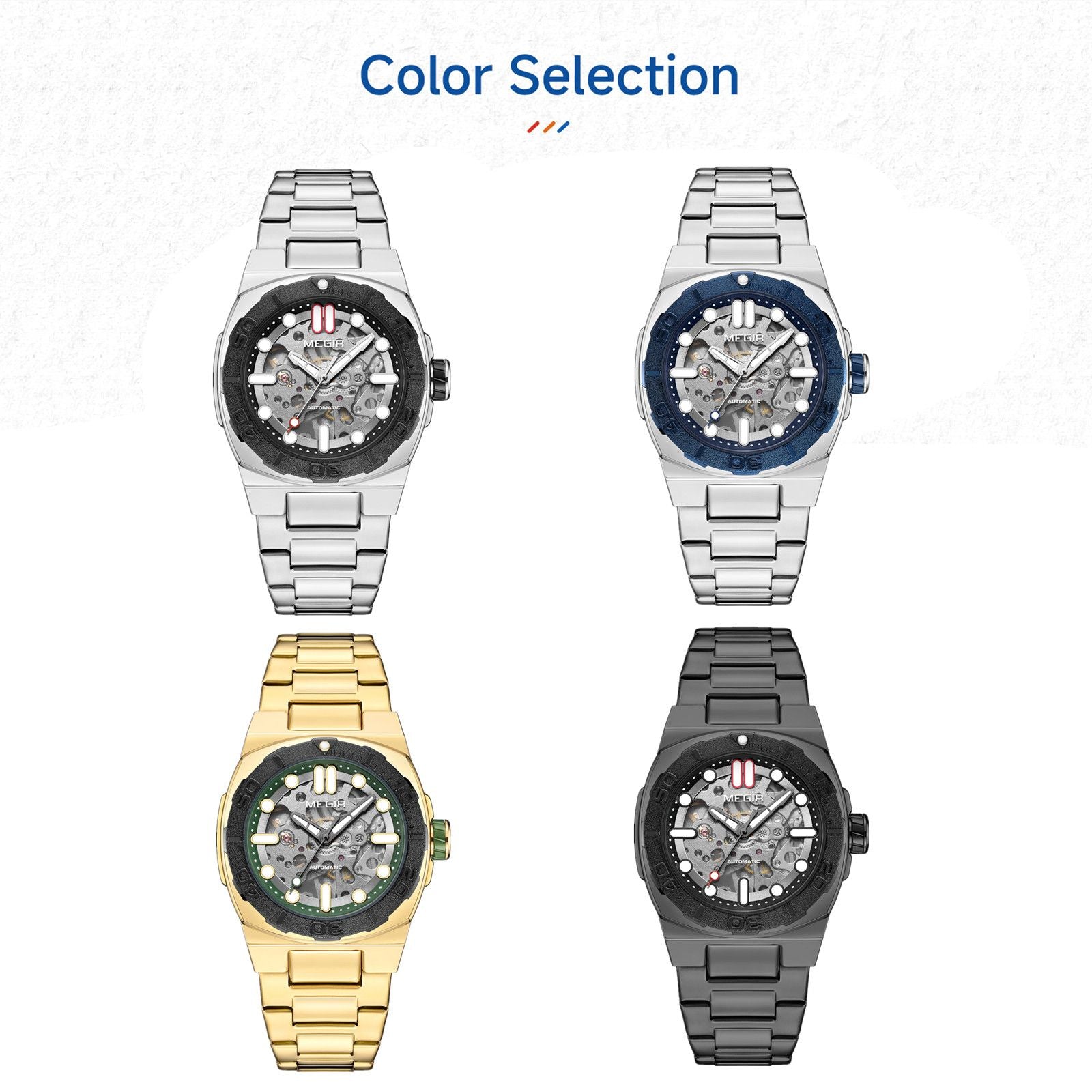 MEGIR Skeleton Dial Mechanical Watches for Men Luxury Business Wristwatch Stainless Steel Waterproof Automatic Watch Clock 8606-5