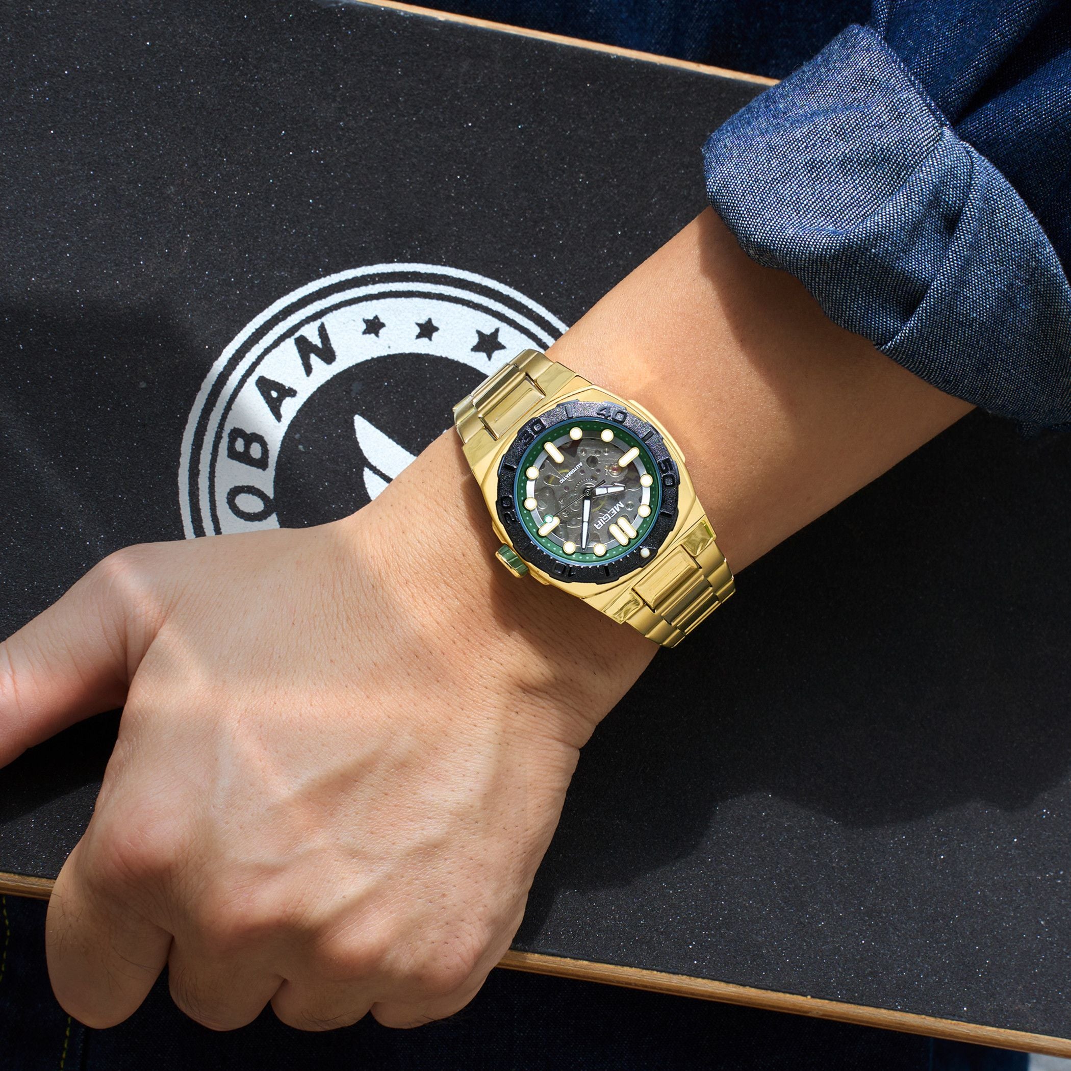 MEGIR Skeleton Dial Mechanical Watches for Men Luxury Business Wristwatch Stainless Steel Waterproof Automatic Watch Clock 8606-1