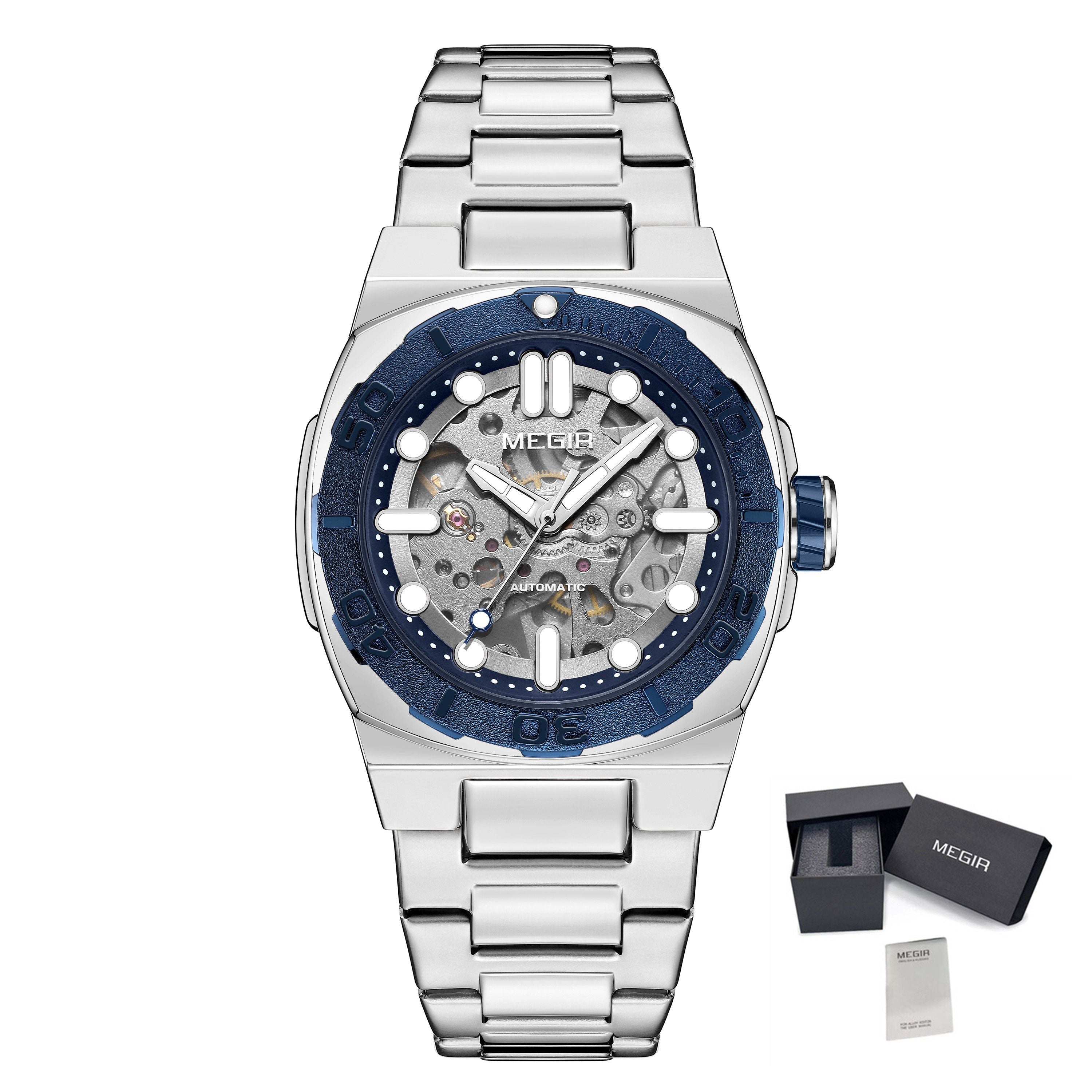 MEGIR Skeleton Dial Mechanical Watches for Men Luxury Business Wristwatch Stainless Steel Waterproof Automatic Watch Clock 8606-17