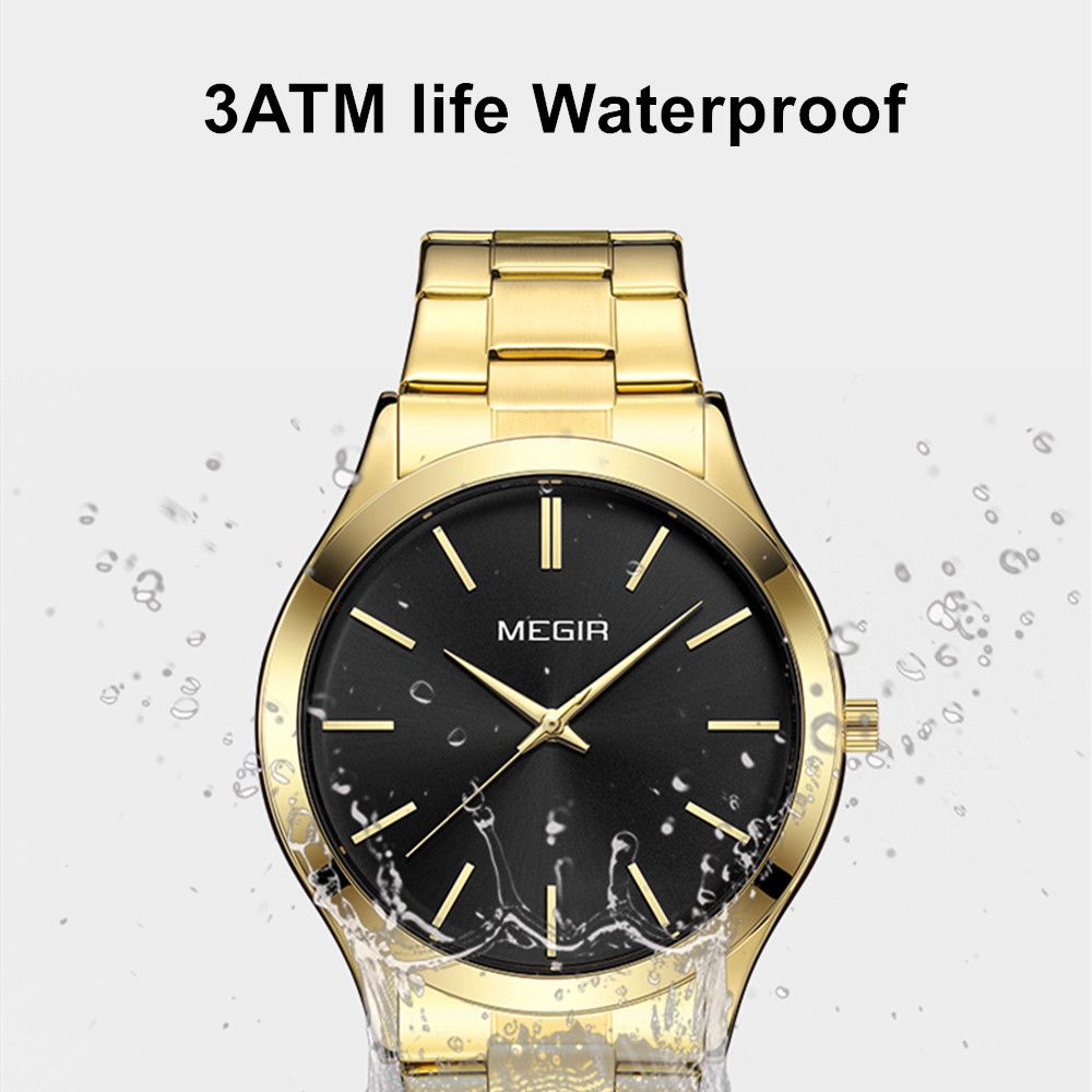 MEGIR Luxury Design Quartz Watch for Men Waterproof Business Full Black Stainless Steel Strap Wrist Watches Reloj Hombre 1096-7