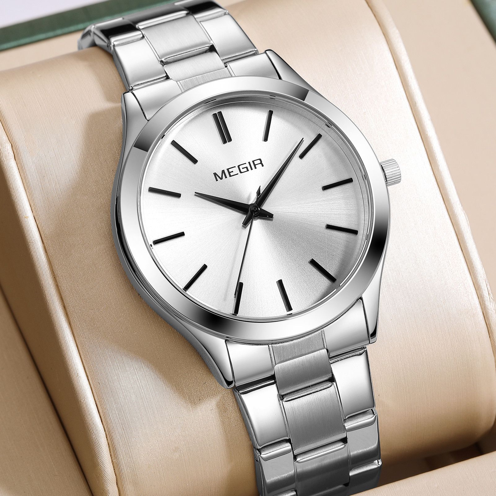 MEGIR Luxury Design Quartz Watch for Men Waterproof Business Full Black Stainless Steel Strap Wrist Watches Reloj Hombre 1096-1