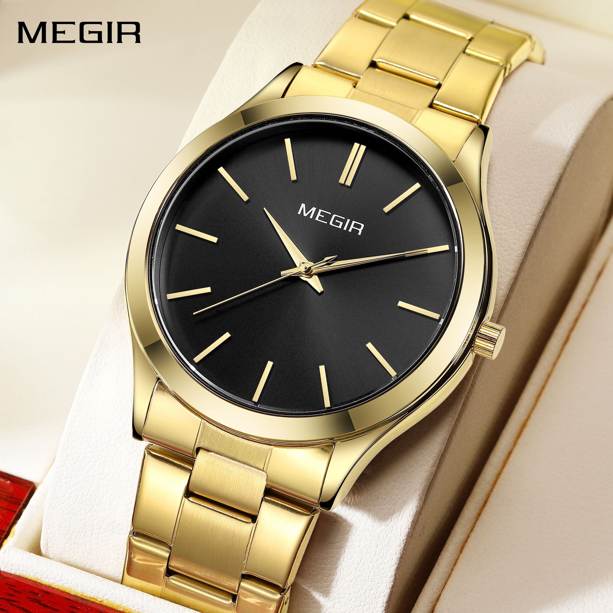 MEGIR Luxury Design Quartz Watch for Men Waterproof Business Full Black Stainless Steel Strap Wrist Watches Reloj Hombre 1096-0