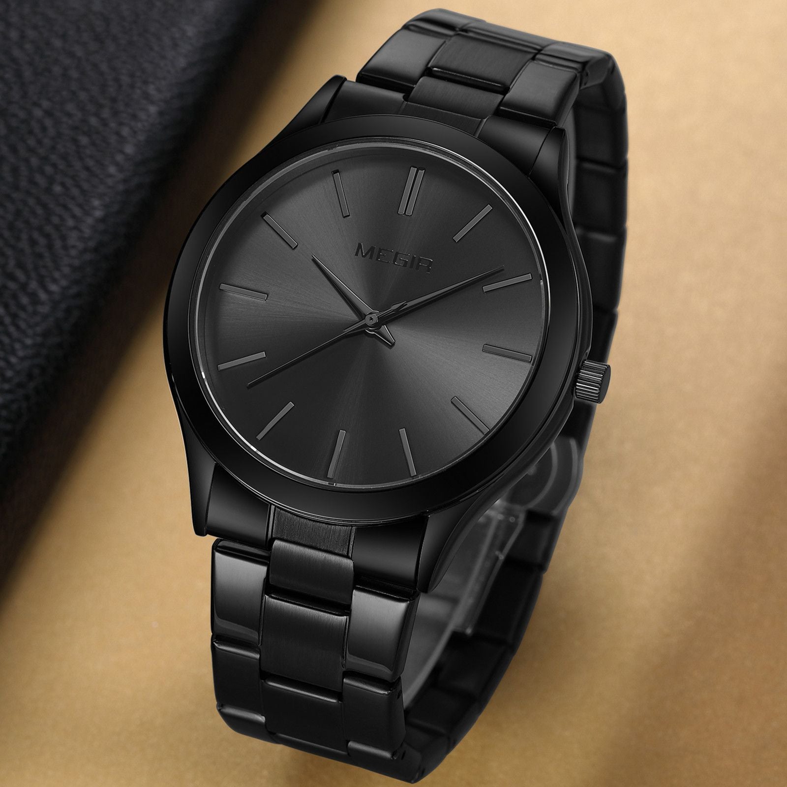 MEGIR Luxury Design Quartz Watch for Men Waterproof Business Full Black Stainless Steel Strap Wrist Watches Reloj Hombre 1096-4