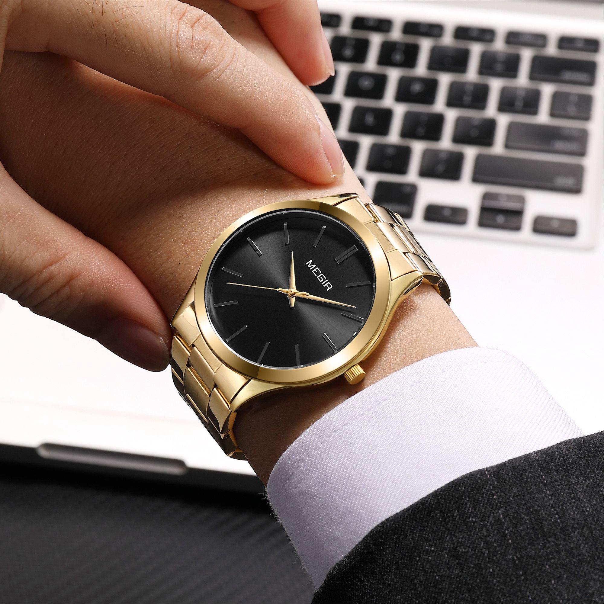 MEGIR Luxury Design Quartz Watch for Men Waterproof Business Full Black Stainless Steel Strap Wrist Watches Reloj Hombre 1096-2