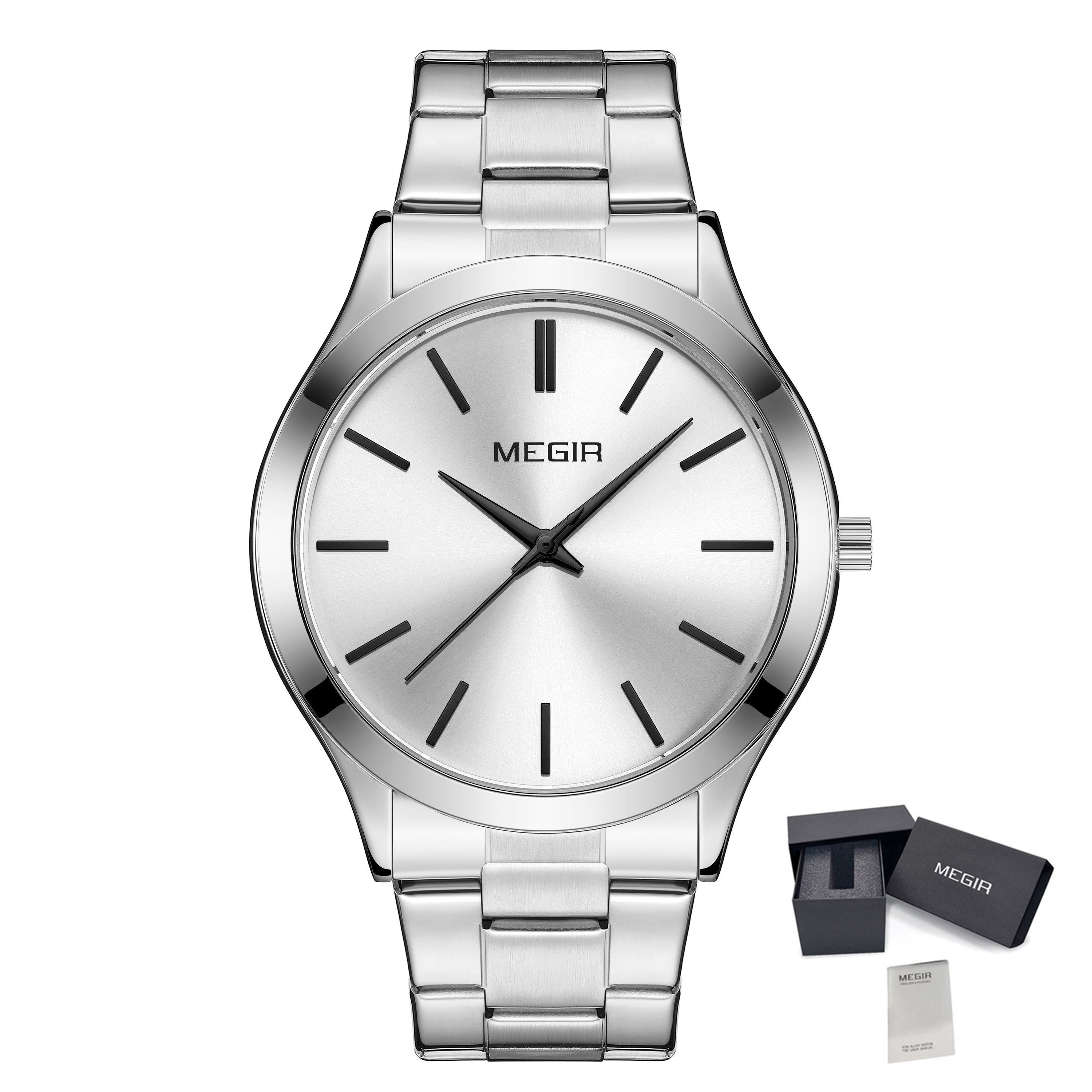 MEGIR Luxury Design Quartz Watch for Men Waterproof Business Full Black Stainless Steel Strap Wrist Watches Reloj Hombre 1096-15