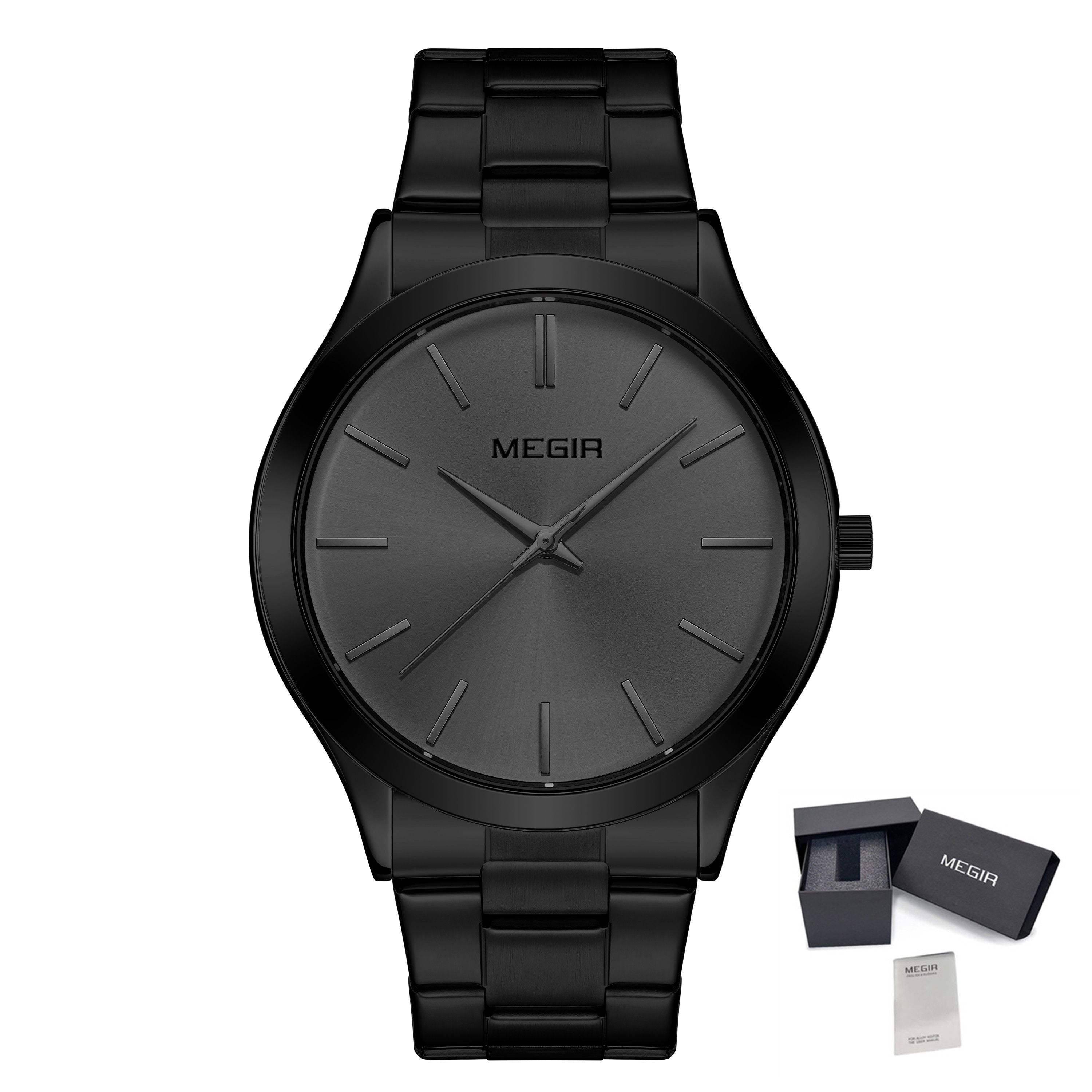 MEGIR Luxury Design Quartz Watch for Men Waterproof Business Full Black Stainless Steel Strap Wrist Watches Reloj Hombre 1096-14