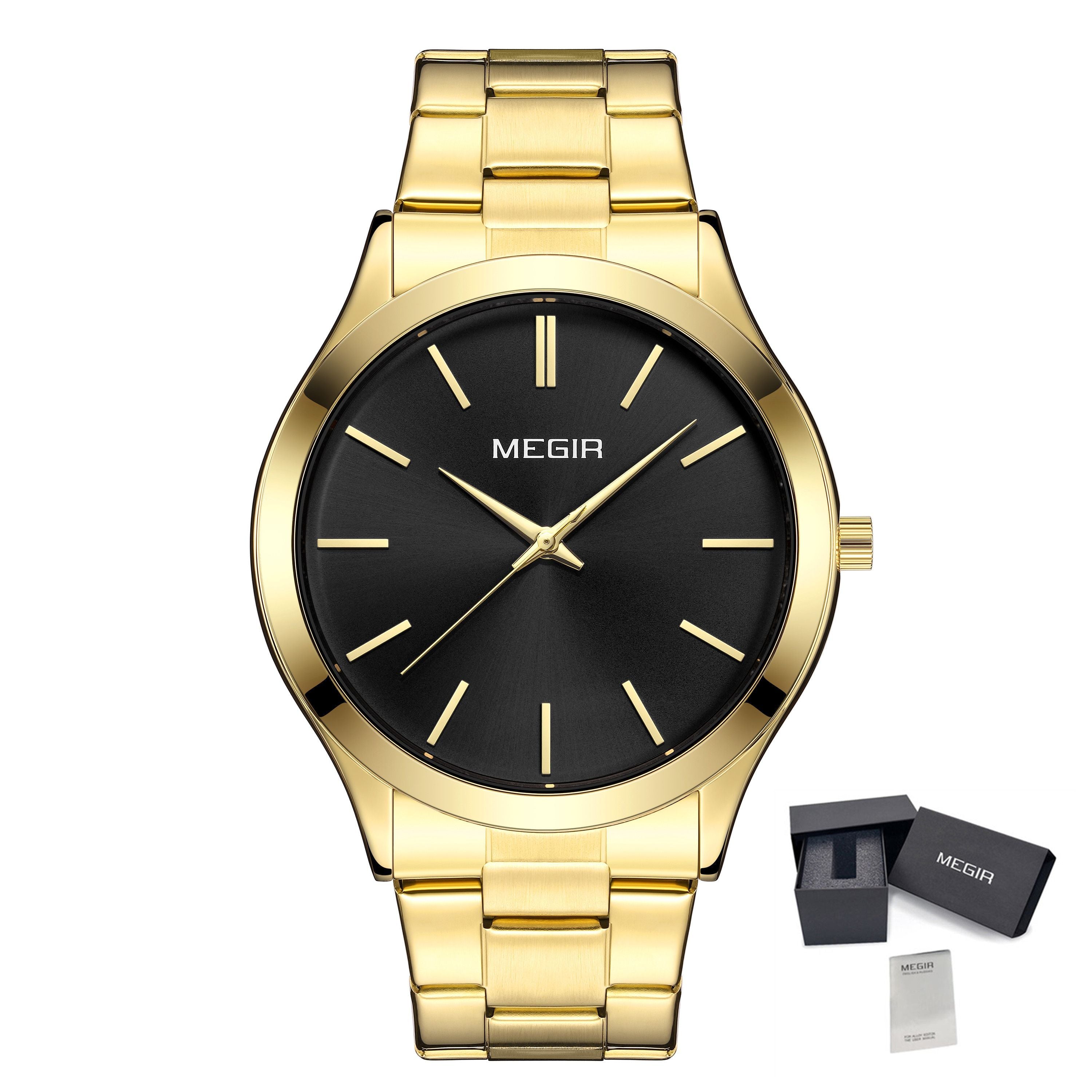 MEGIR Luxury Design Quartz Watch for Men Waterproof Business Full Black Stainless Steel Strap Wrist Watches Reloj Hombre 1096-13