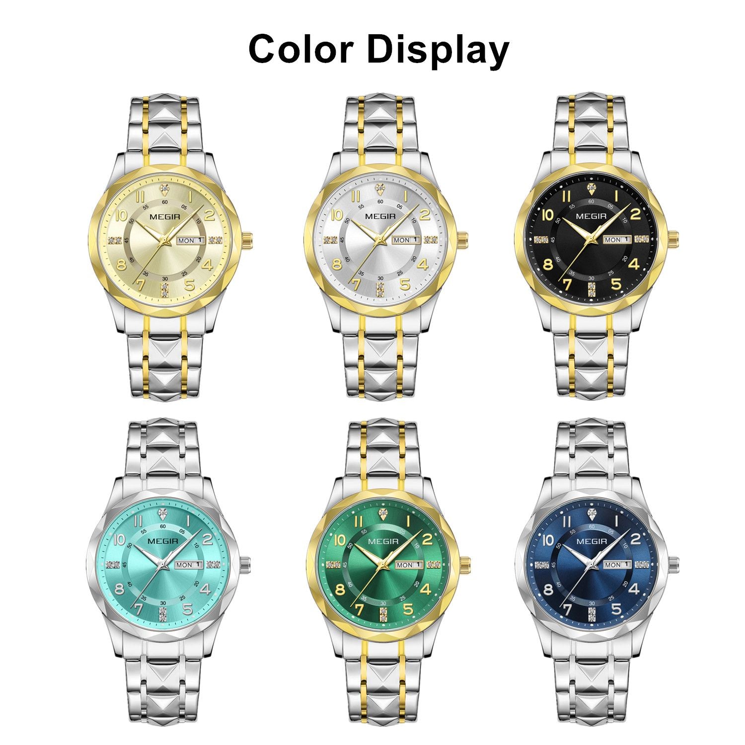 MEGIR Luxury Business Men Watches Stainless Steel Strap Clock Quartz Casual Wristwatch Waterproof Calendar Week Display 1093-6