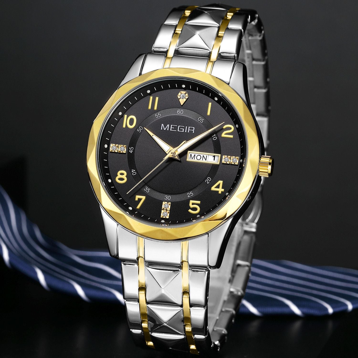 MEGIR Luxury Business Men Watches Stainless Steel Strap Clock Quartz Casual Wristwatch Waterproof Calendar Week Display 1093-10