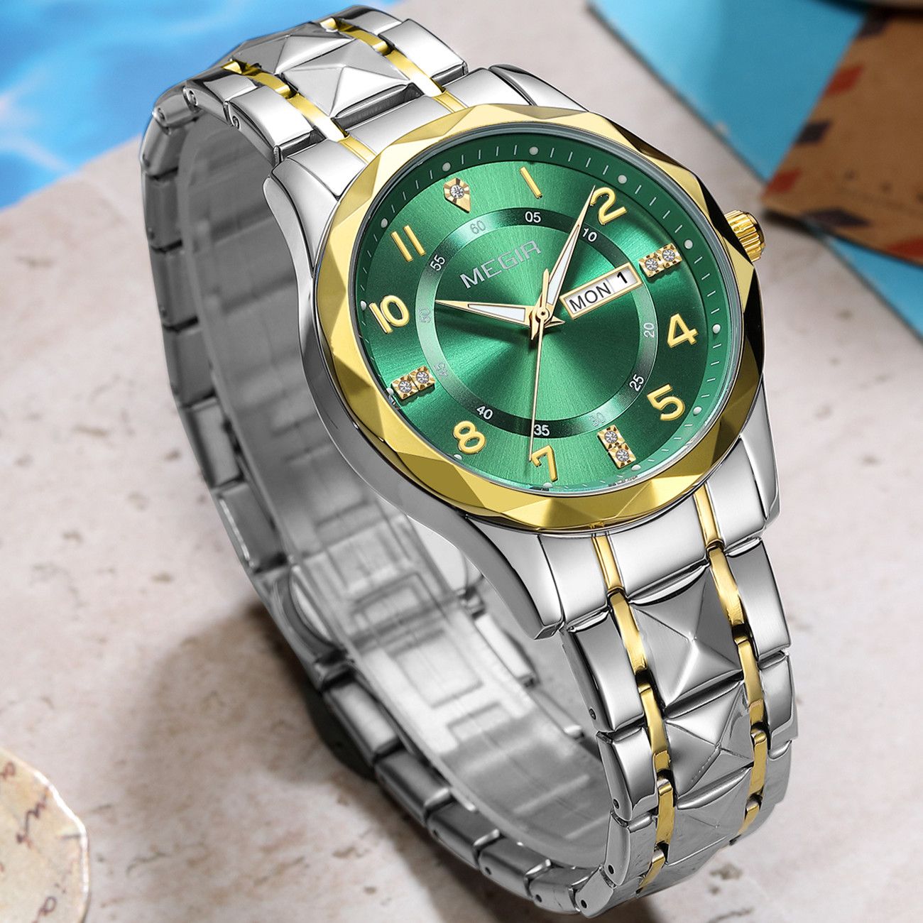 MEGIR Luxury Business Men Watches Stainless Steel Strap Clock Quartz Casual Wristwatch Waterproof Calendar Week Display 1093-5