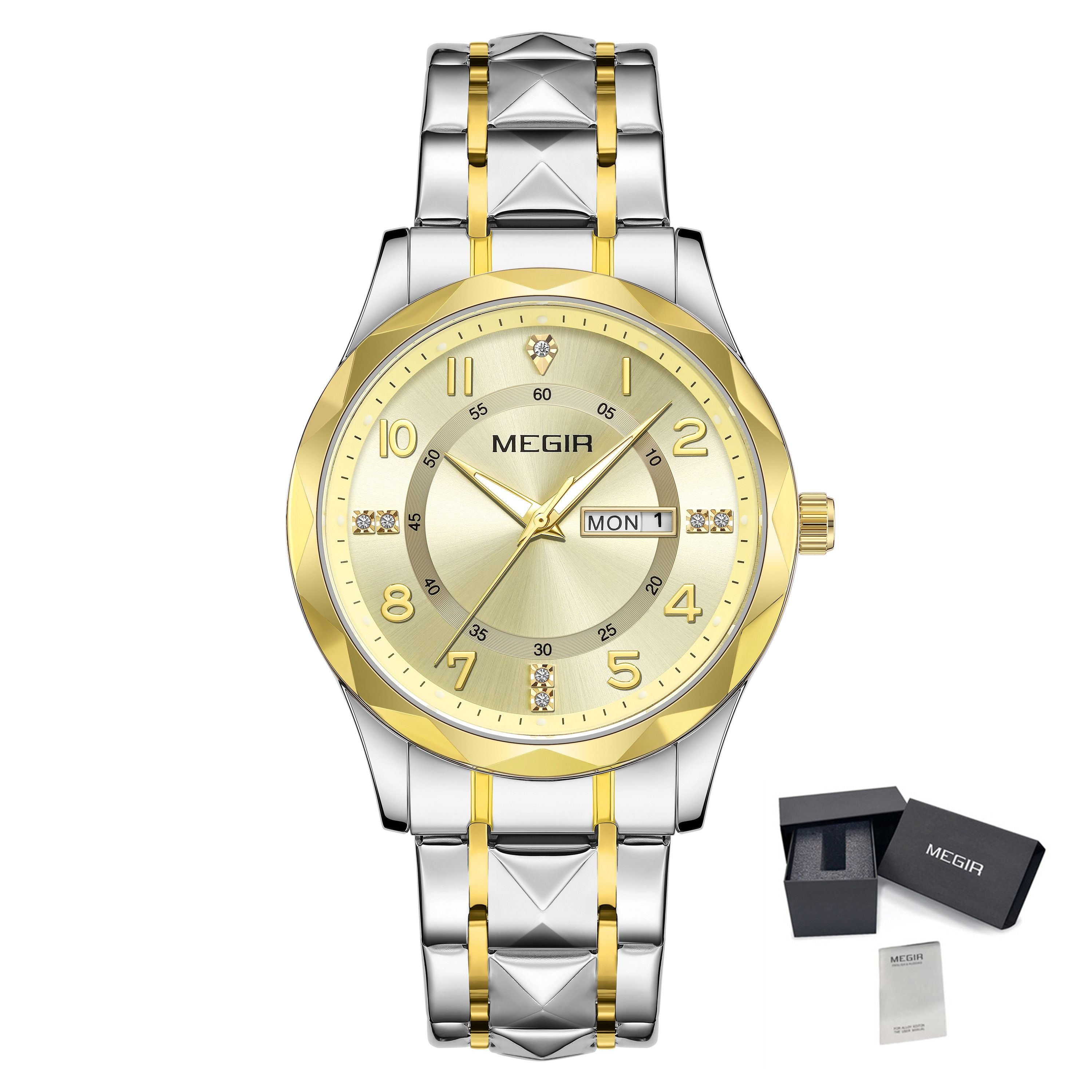 MEGIR Luxury Business Men Watches Stainless Steel Strap Clock Quartz Casual Wristwatch Waterproof Calendar Week Display 1093-15