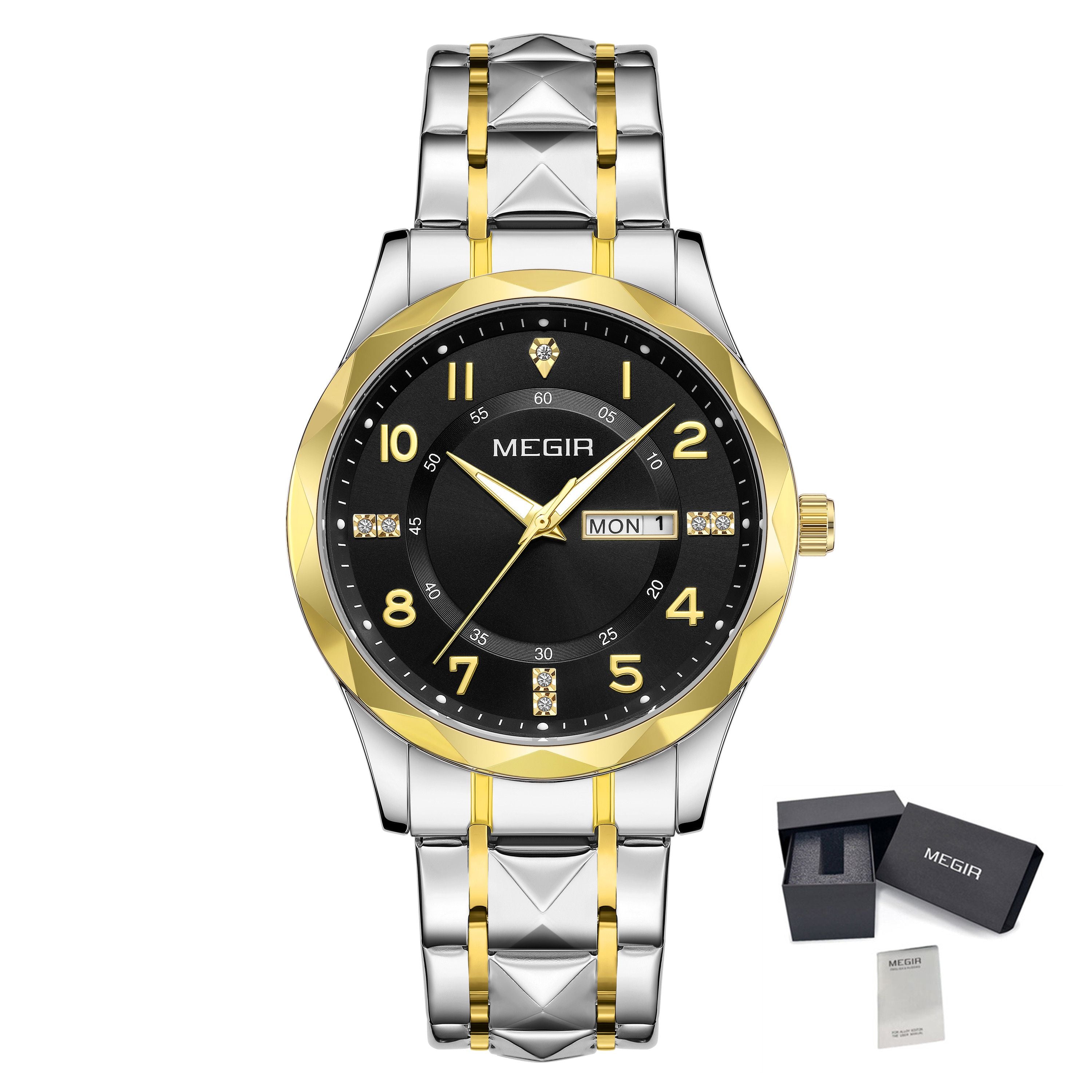 MEGIR Luxury Business Men Watches Stainless Steel Strap Clock Quartz Casual Wristwatch Waterproof Calendar Week Display 1093-14