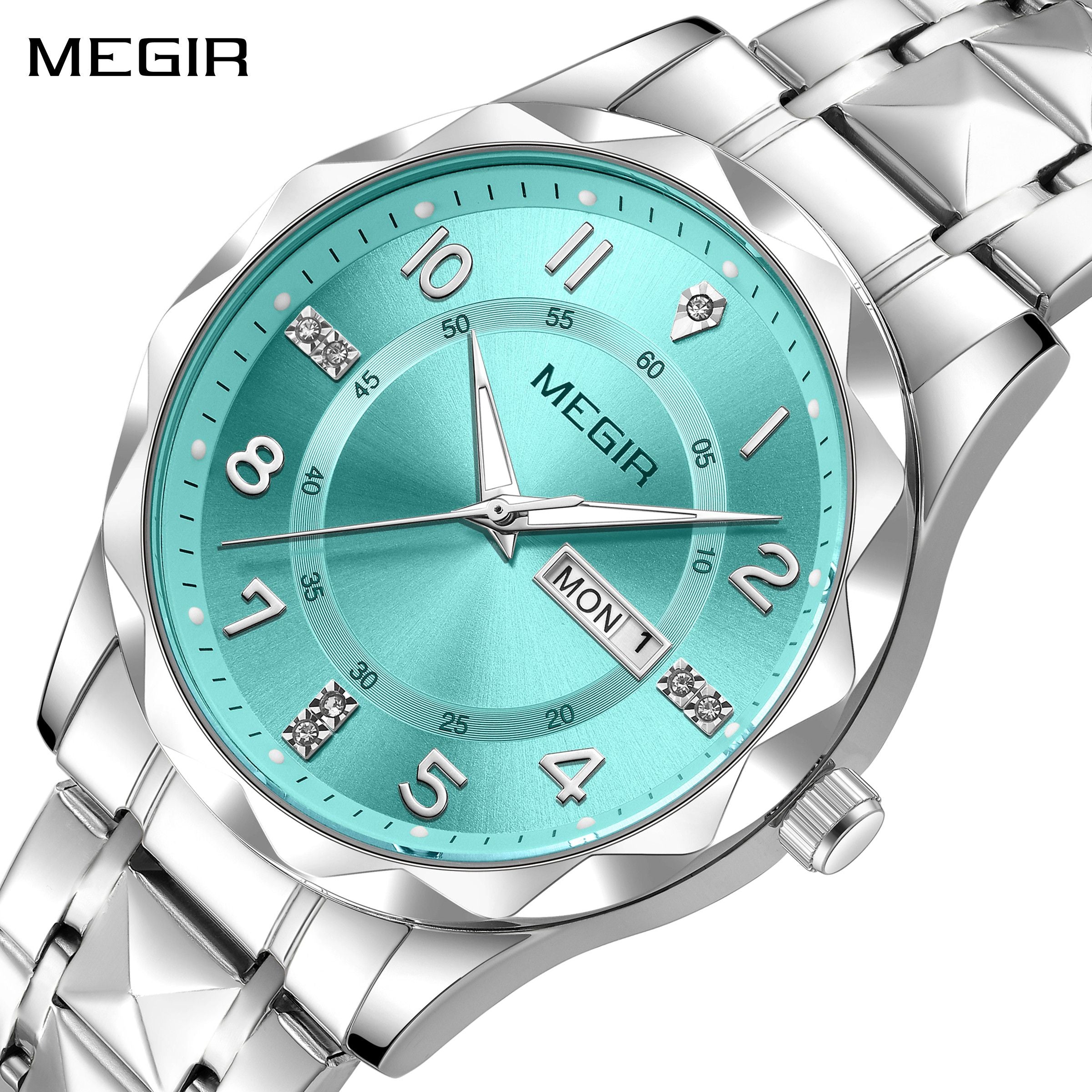MEGIR Luxury Business Men Watches Stainless Steel Strap Clock Quartz Casual Wristwatch Waterproof Calendar Week Display 1093-0