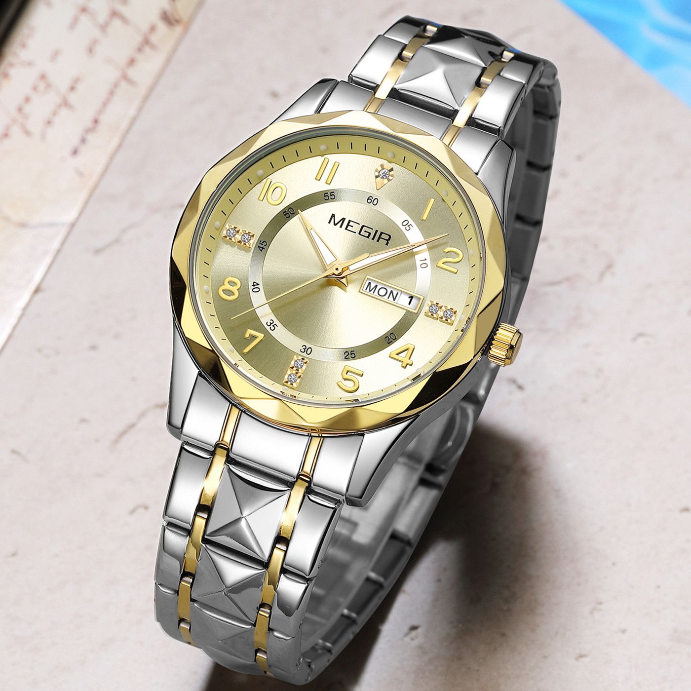 MEGIR Luxury Business Men Watches Stainless Steel Strap Clock Quartz Casual Wristwatch Waterproof Calendar Week Display 1093-4