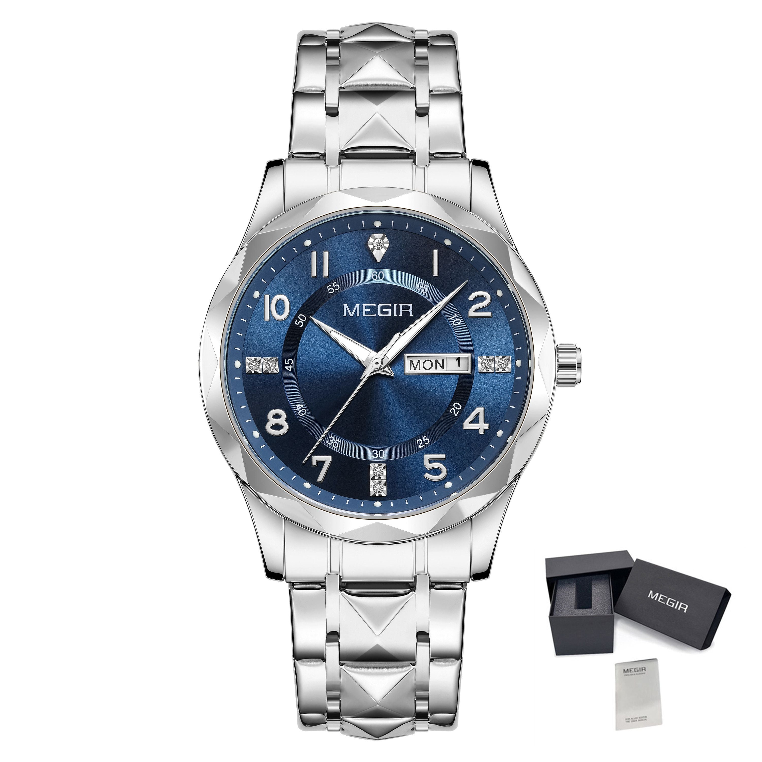 MEGIR Luxury Business Men Watches Stainless Steel Strap Clock Quartz Casual Wristwatch Waterproof Calendar Week Display 1093-17