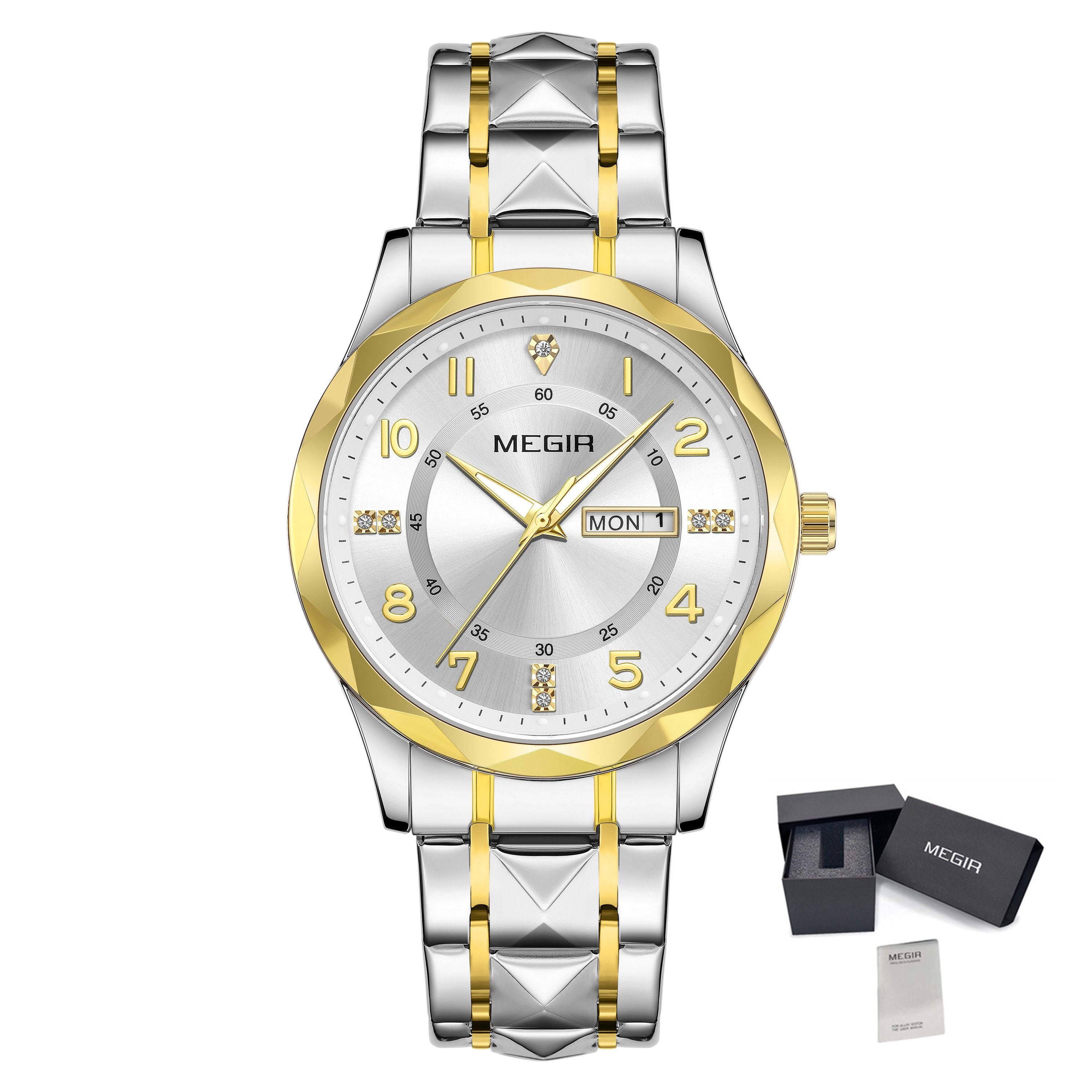 MEGIR Luxury Business Men Watches Stainless Steel Strap Clock Quartz Casual Wristwatch Waterproof Calendar Week Display 1093-13