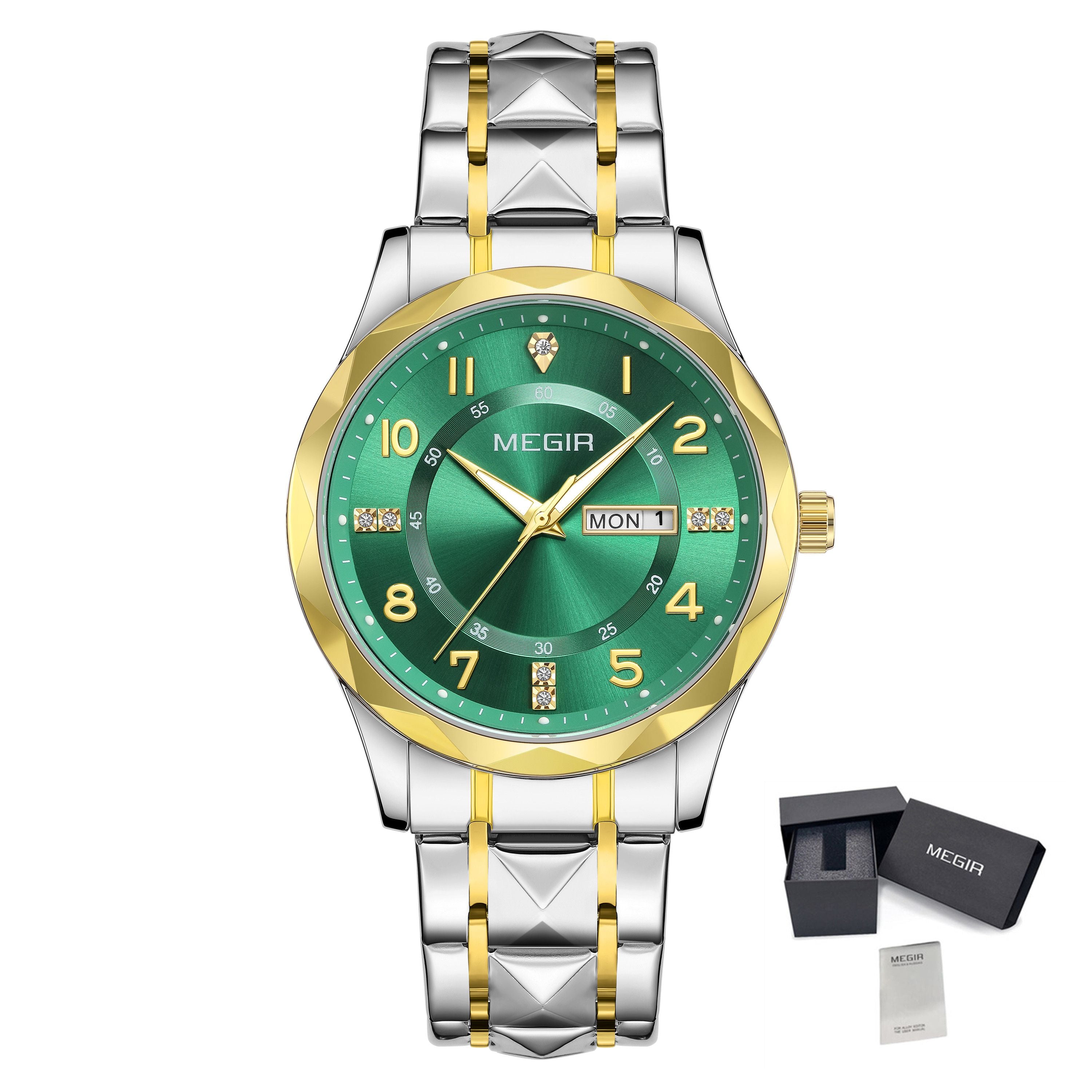 MEGIR Luxury Business Men Watches Stainless Steel Strap Clock Quartz Casual Wristwatch Waterproof Calendar Week Display 1093-12