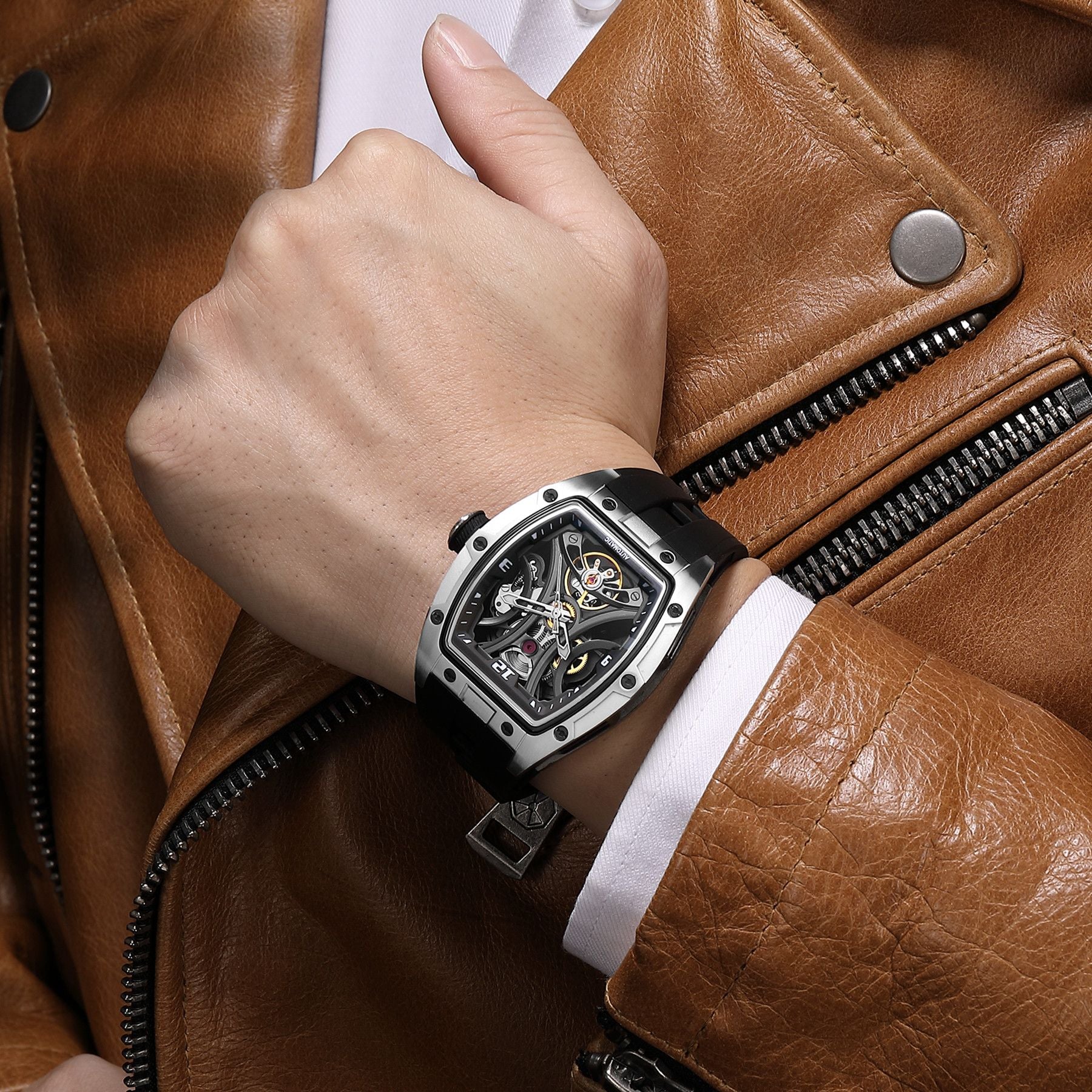 MEGIR Skeleton Dial Men Watches Luxury Automatic Mechanical Sport Watch Stainless Steel Case Man Wristwatch Clock Reloj Hombre 2245-1