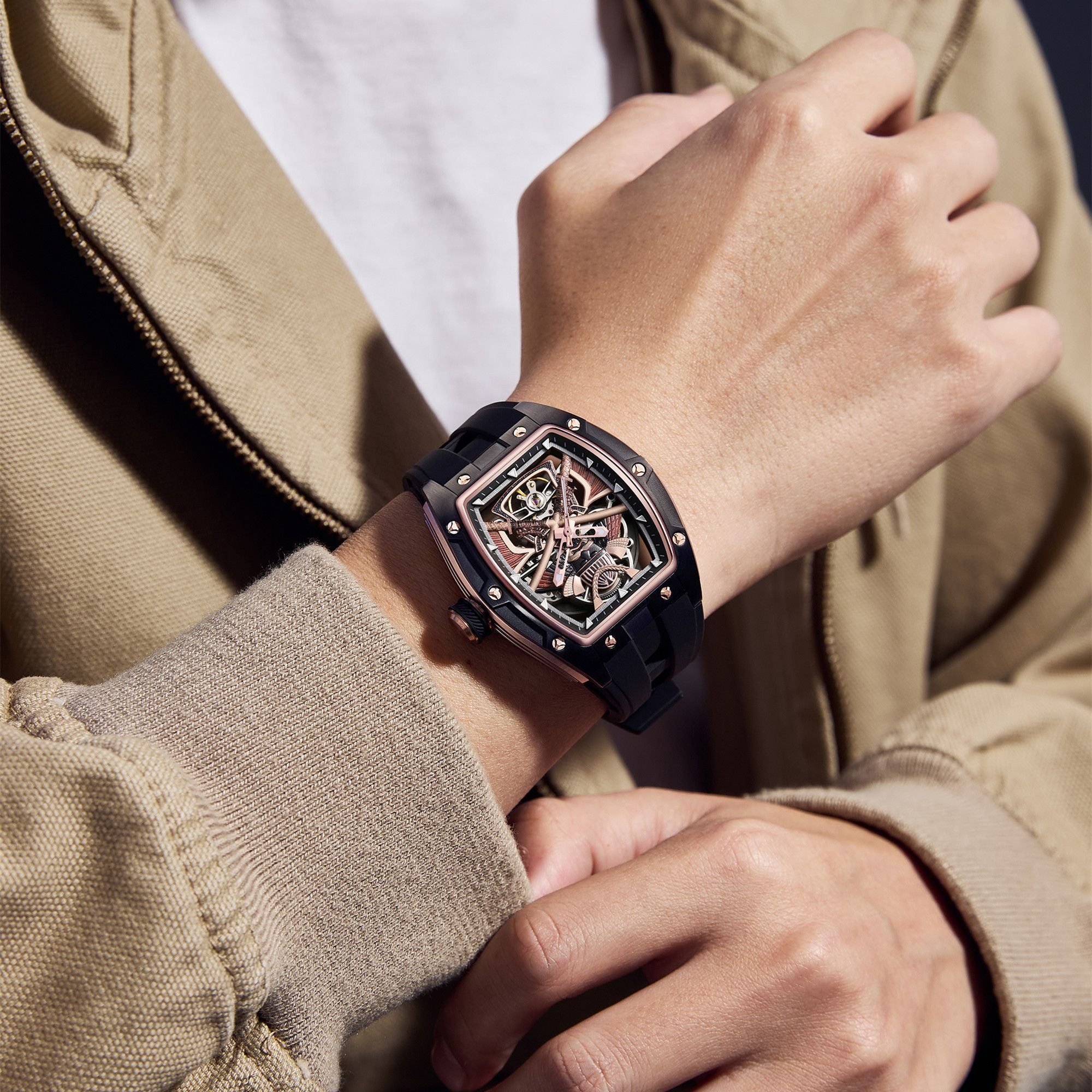 MEGIR Men Mechanical Watches Luxury Hollow Out Automatic Movement Wristwatch Clock Stainless Steel Case Waterproof Watch 9198-5-1