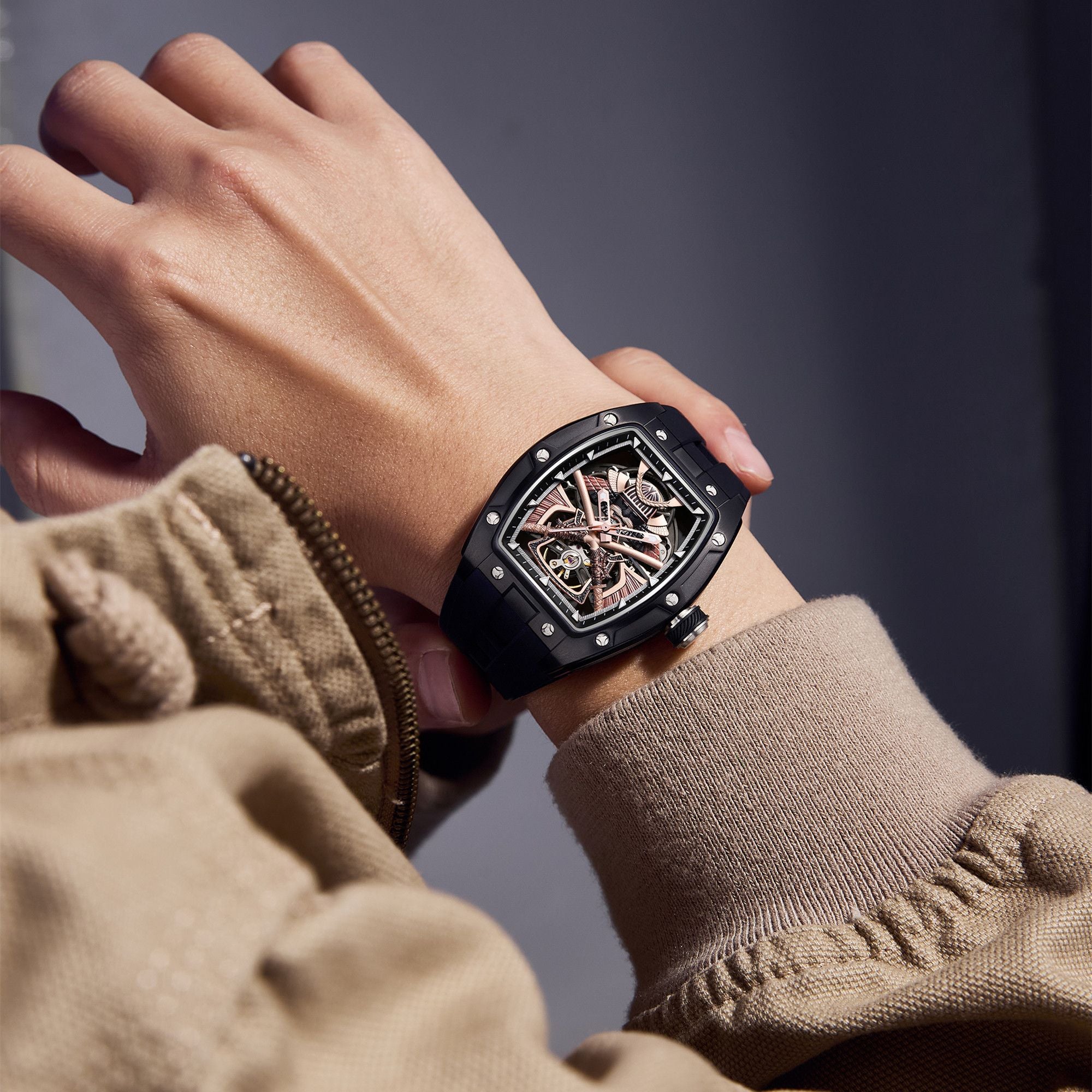 MEGIR Men Mechanical Watches Luxury Hollow Out Automatic Movement Wristwatch Clock Stainless Steel Case Waterproof Watch 9198-5-3