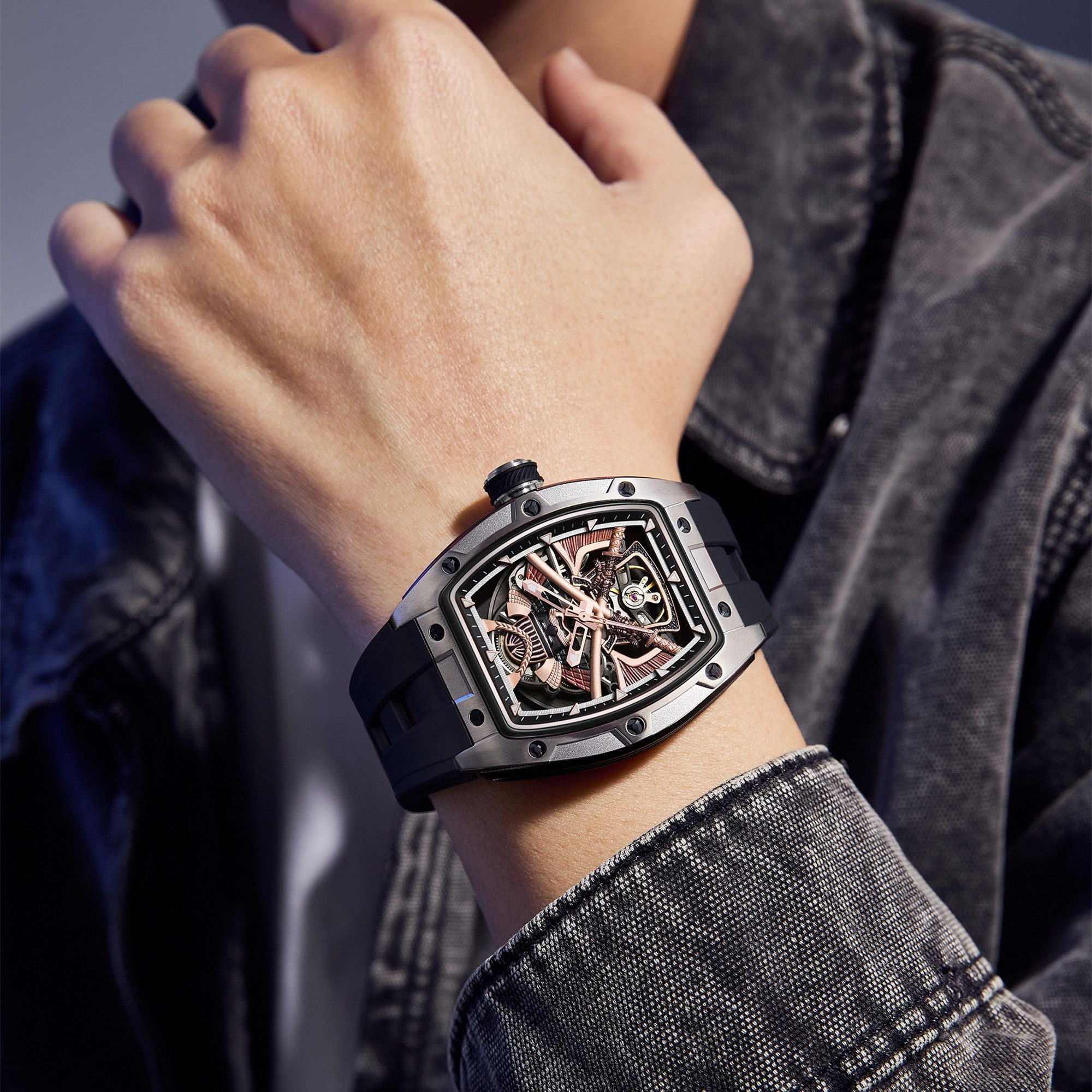 MEGIR Men Mechanical Watches Luxury Hollow Out Automatic Movement Wristwatch Clock Stainless Steel Case Waterproof Watch 9198-5-2