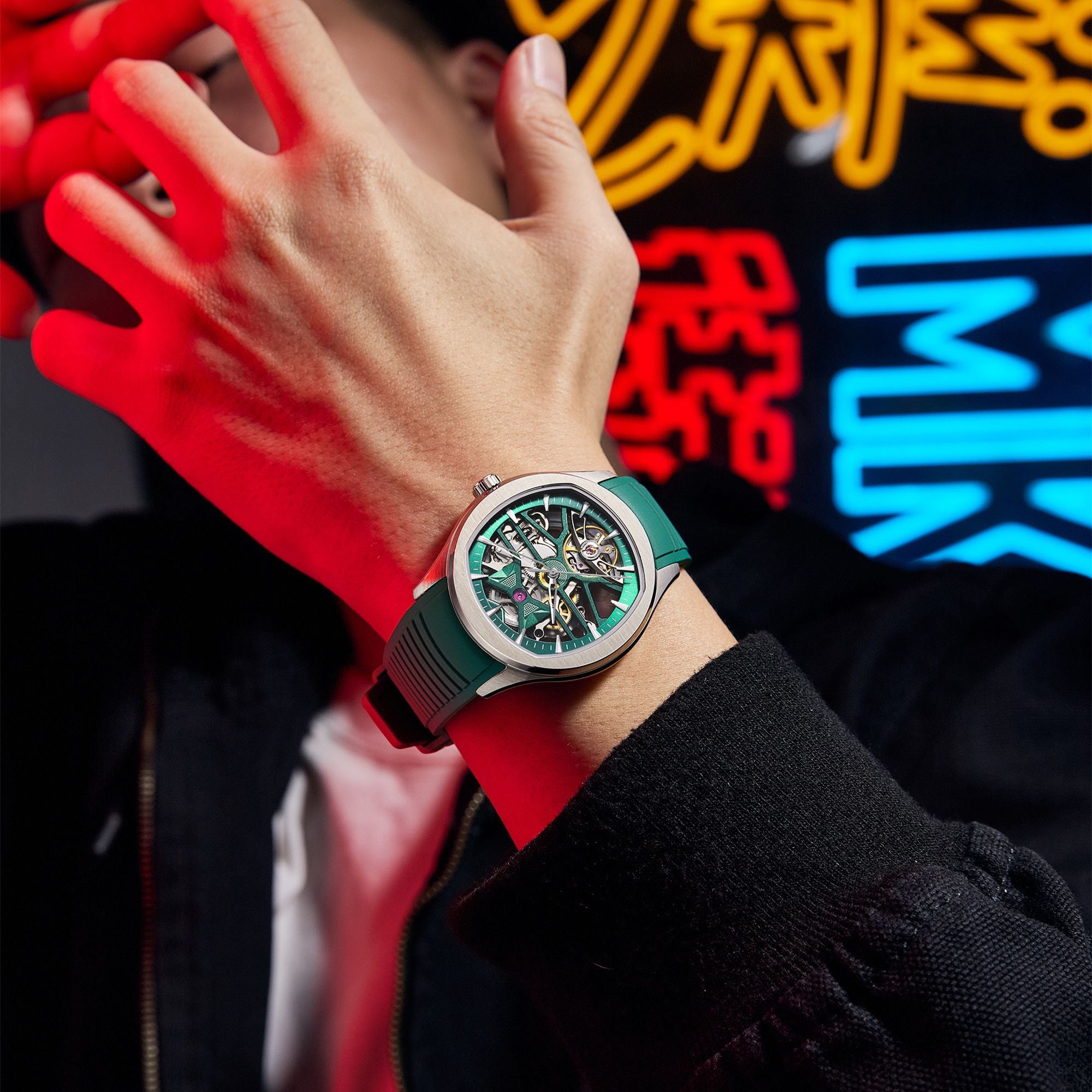 MEGIR Fashion Sport Watches for Men Skeleton Dial Automatic Mechanical Movement Wristwatch Waterproof Clock Reloj Hombre 9204-5-4