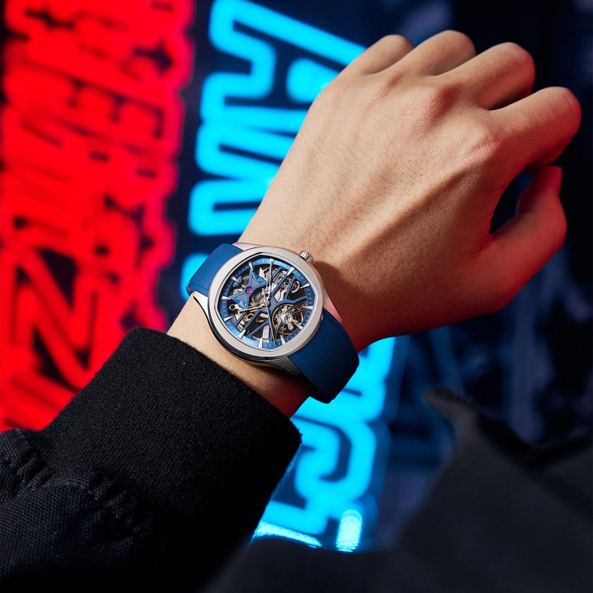 MEGIR Fashion Sport Watches for Men Skeleton Dial Automatic Mechanical Movement Wristwatch Waterproof Clock Reloj Hombre 9204-5-5