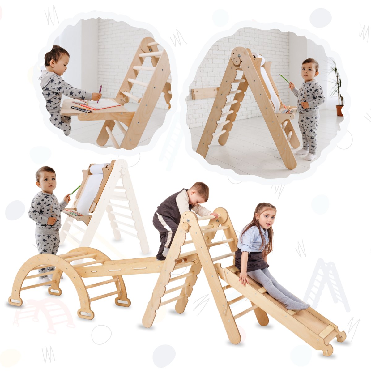 5in1 Montessori Climbing Frame: Triangle Ladder + Climbing Arch + Slide Board + Climbing Net + Art Add-on-0