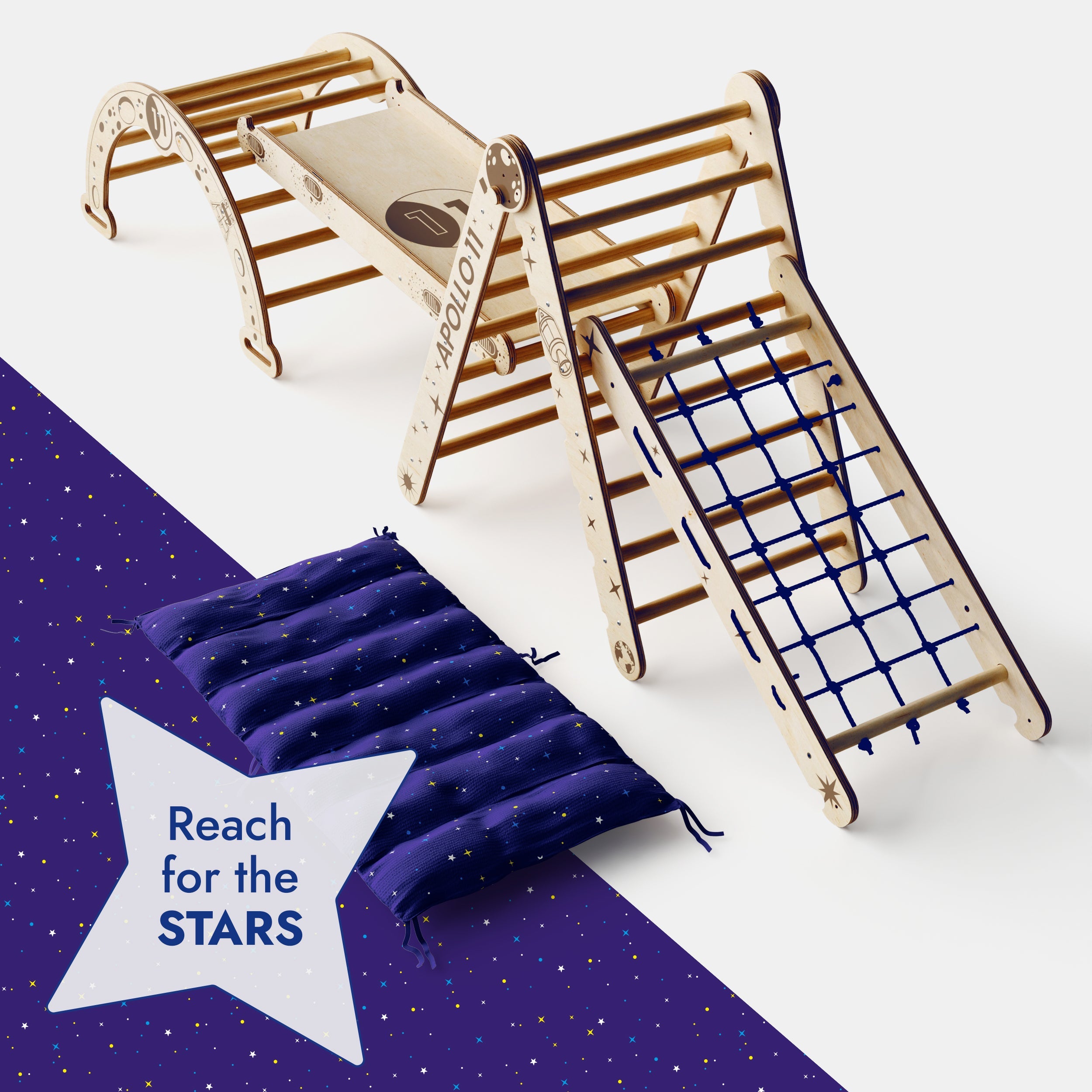 Apollo 5in1 Climbing Set: Pikler Triangle, Net, Arch, Slide Board, and Cushion for Little Astronauts-1