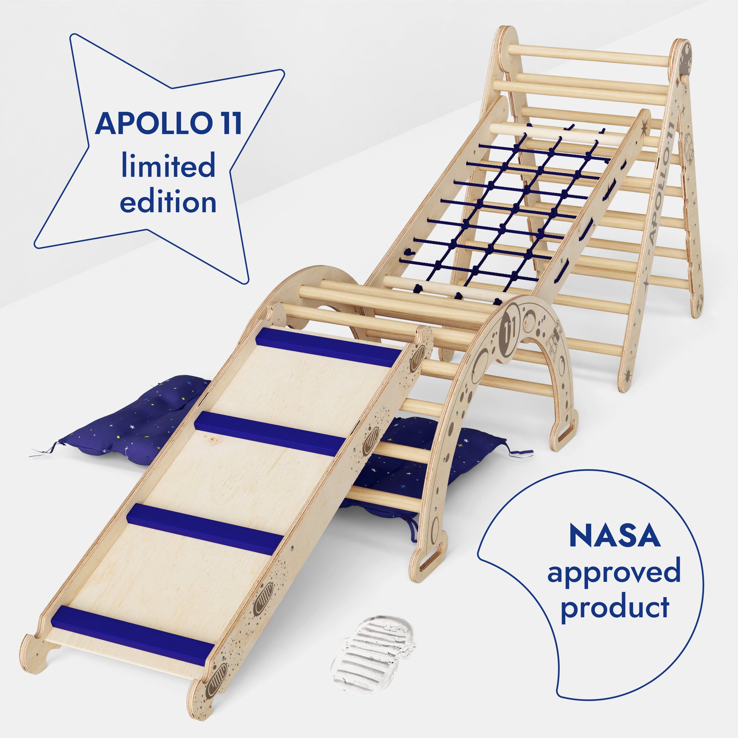 Apollo 5in1 Climbing Set: Pikler Triangle, Net, Arch, Slide Board, and Cushion for Little Astronauts-2