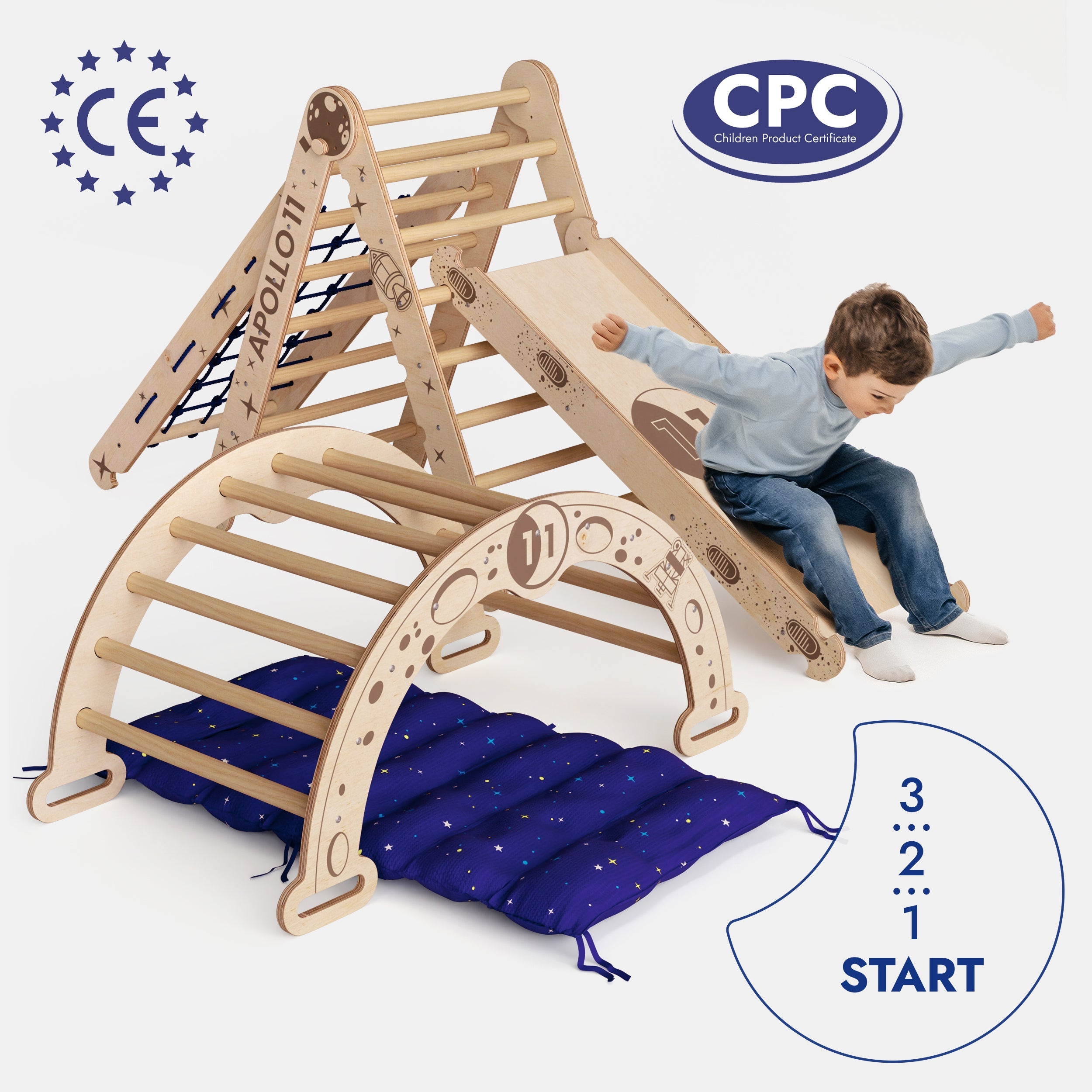 Apollo 5in1 Climbing Set: Pikler Triangle, Net, Arch, Slide Board, and Cushion for Little Astronauts-3