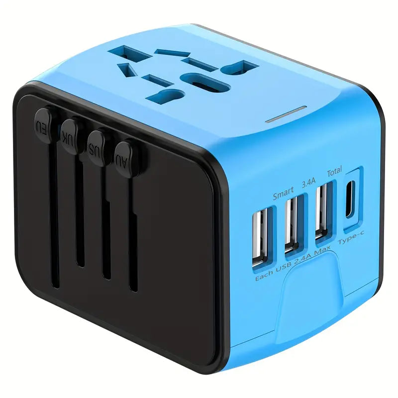 Universal Travel Adapter with 4 USB Ports and Type-C Port - Blue-0