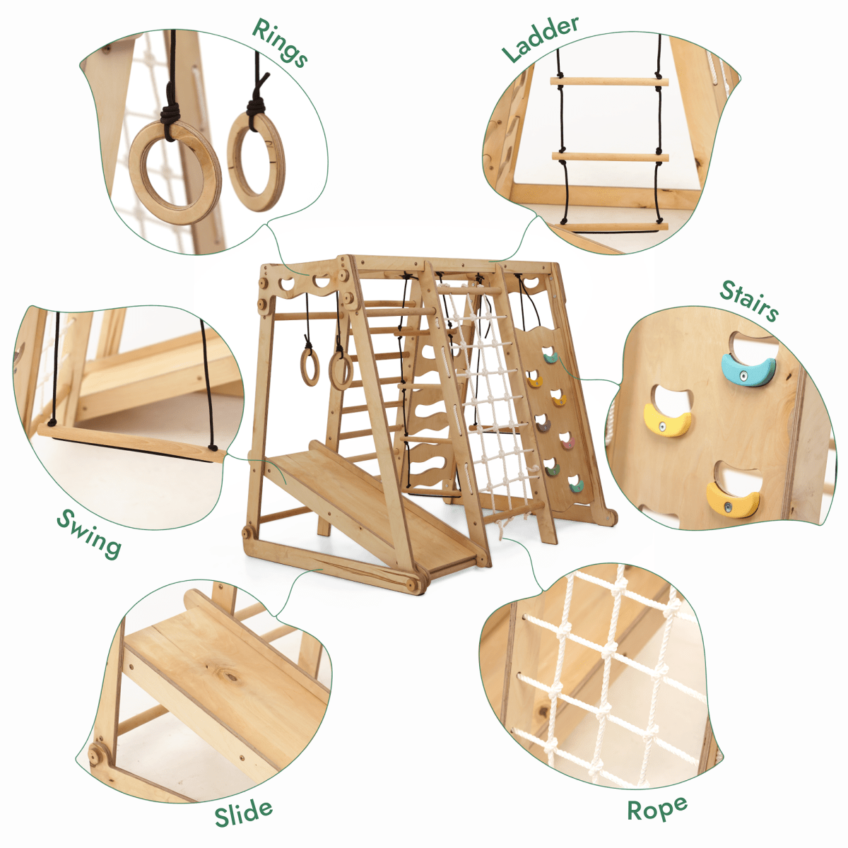 6in1 Toddler Wooden Climbing Frame -  Playground + Swings Set + Slide Board + Rope + Stairs-2