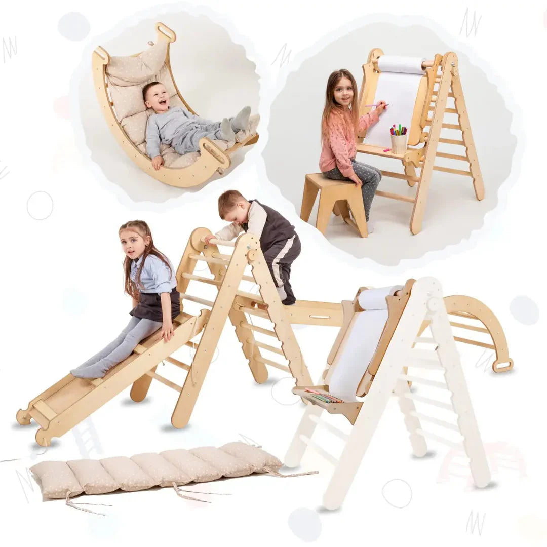 6in1 Montessori Climbing Frame: Pikler Triangle + Climbing Arch + Slide Board + Net + Cushion + Art Addition-0