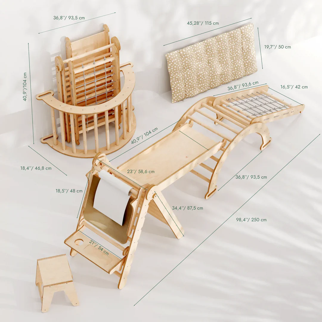 6in1 Montessori Climbing Frame: Pikler Triangle + Climbing Arch + Slide Board + Net + Cushion + Art Addition-1