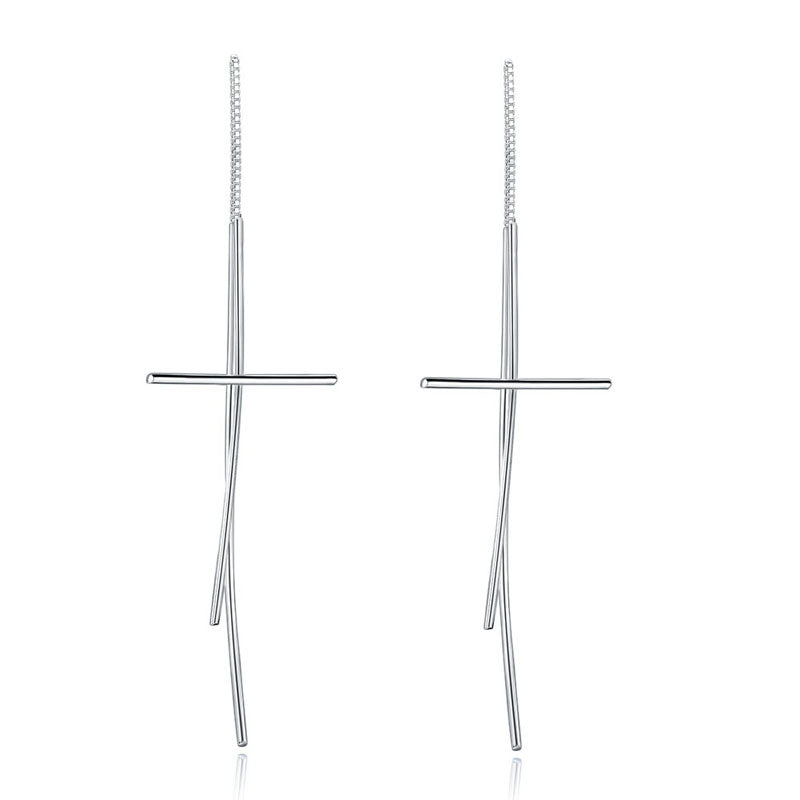 Dangle Drop Cross 925 Sterling Silver Earrings Long Elegant XFE8137-0