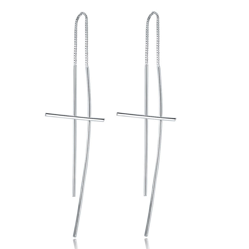 Dangle Drop Cross 925 Sterling Silver Earrings Long Elegant XFE8137-2