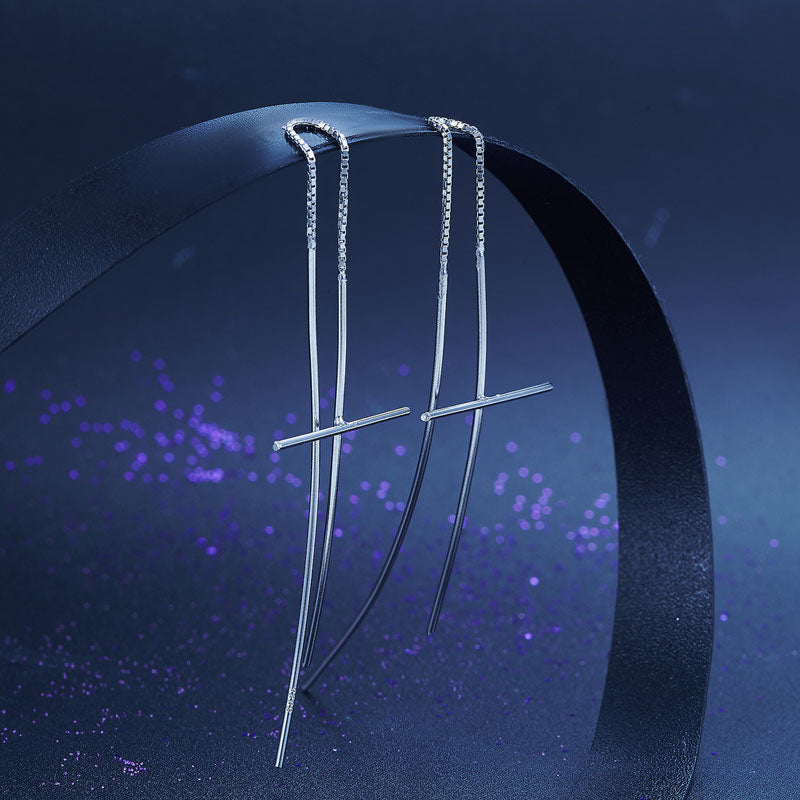 Dangle Drop Cross 925 Sterling Silver Earrings Long Elegant XFE8137-3