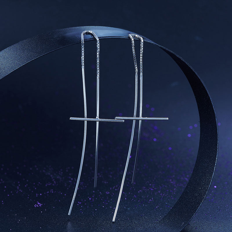 Dangle Drop Cross 925 Sterling Silver Earrings Long Elegant XFE8137-4