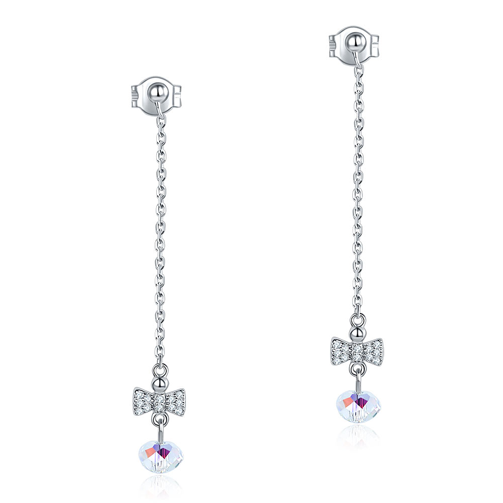 Solid 925 Sterling Silver Drop Dangle Ribbon AB Crystal Earrings-3