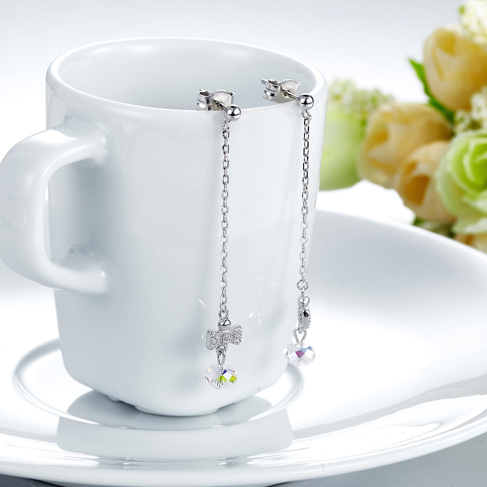 Solid 925 Sterling Silver Drop Dangle Ribbon AB Crystal Earrings-4