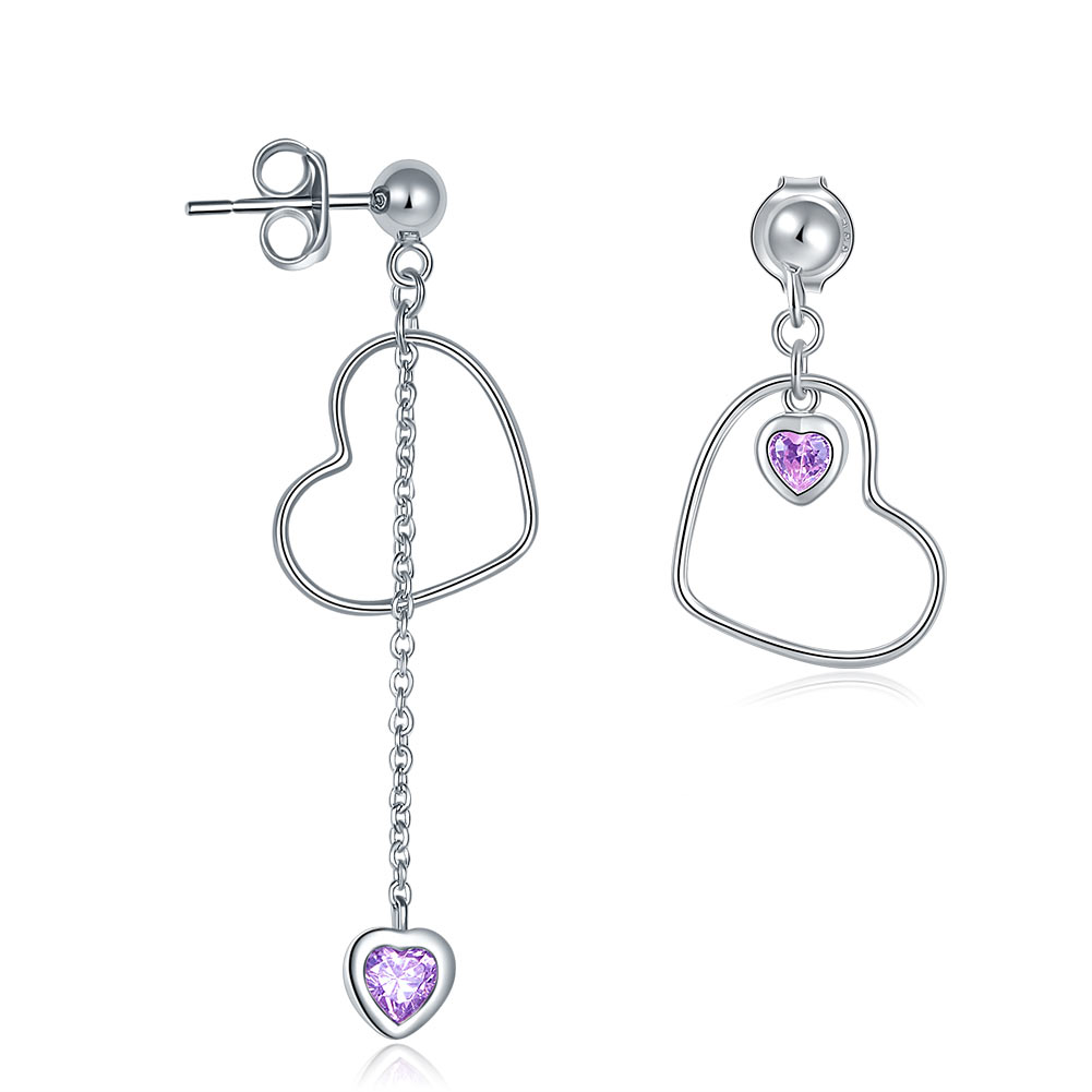 925 Sterling Silver Dangle Drop Pink Heart Earrings XFE8152-0